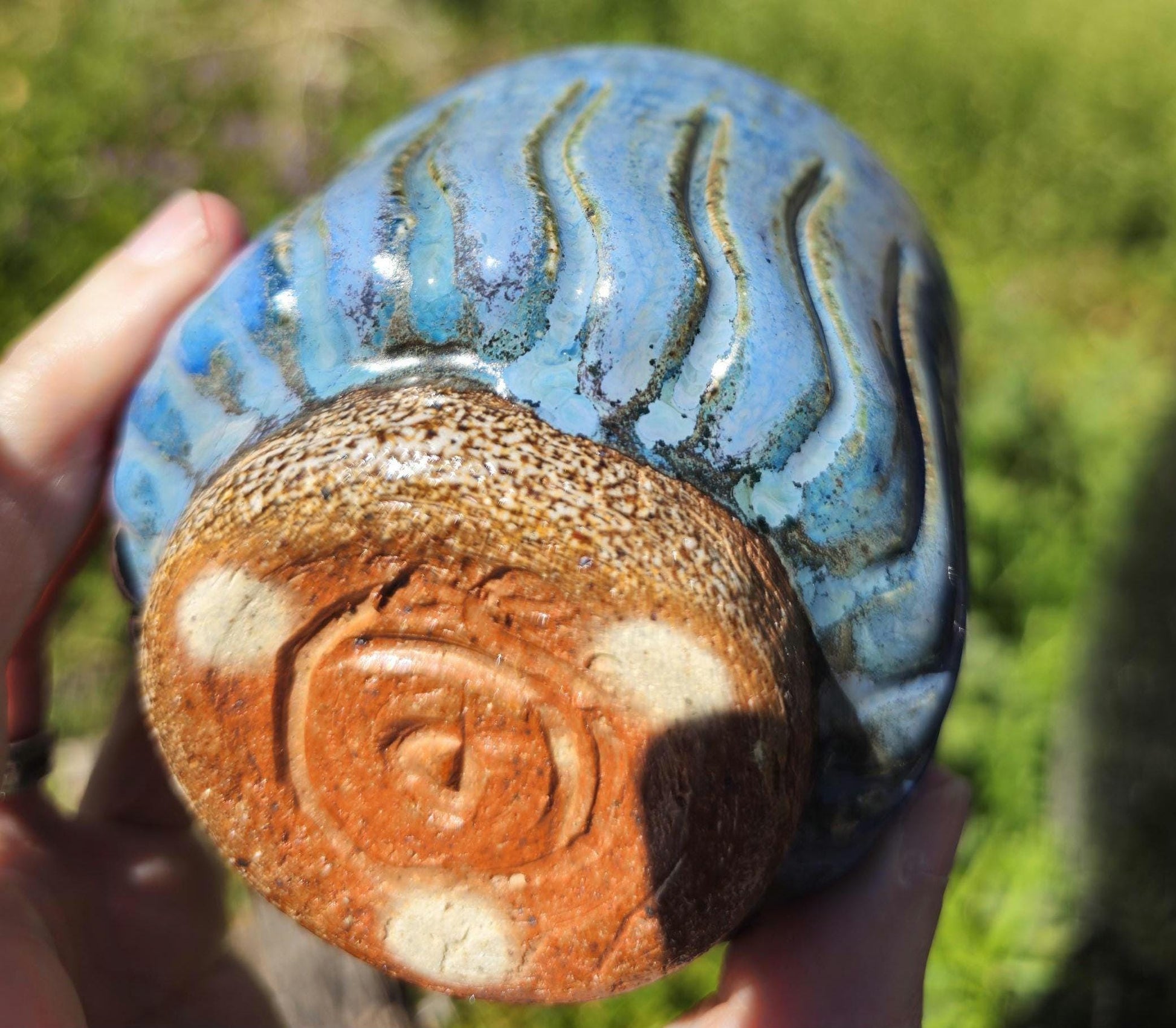 Soda Fired Carved Stoneware Cup Blue Glaze Footed Cortado 5 oz handmade pottery