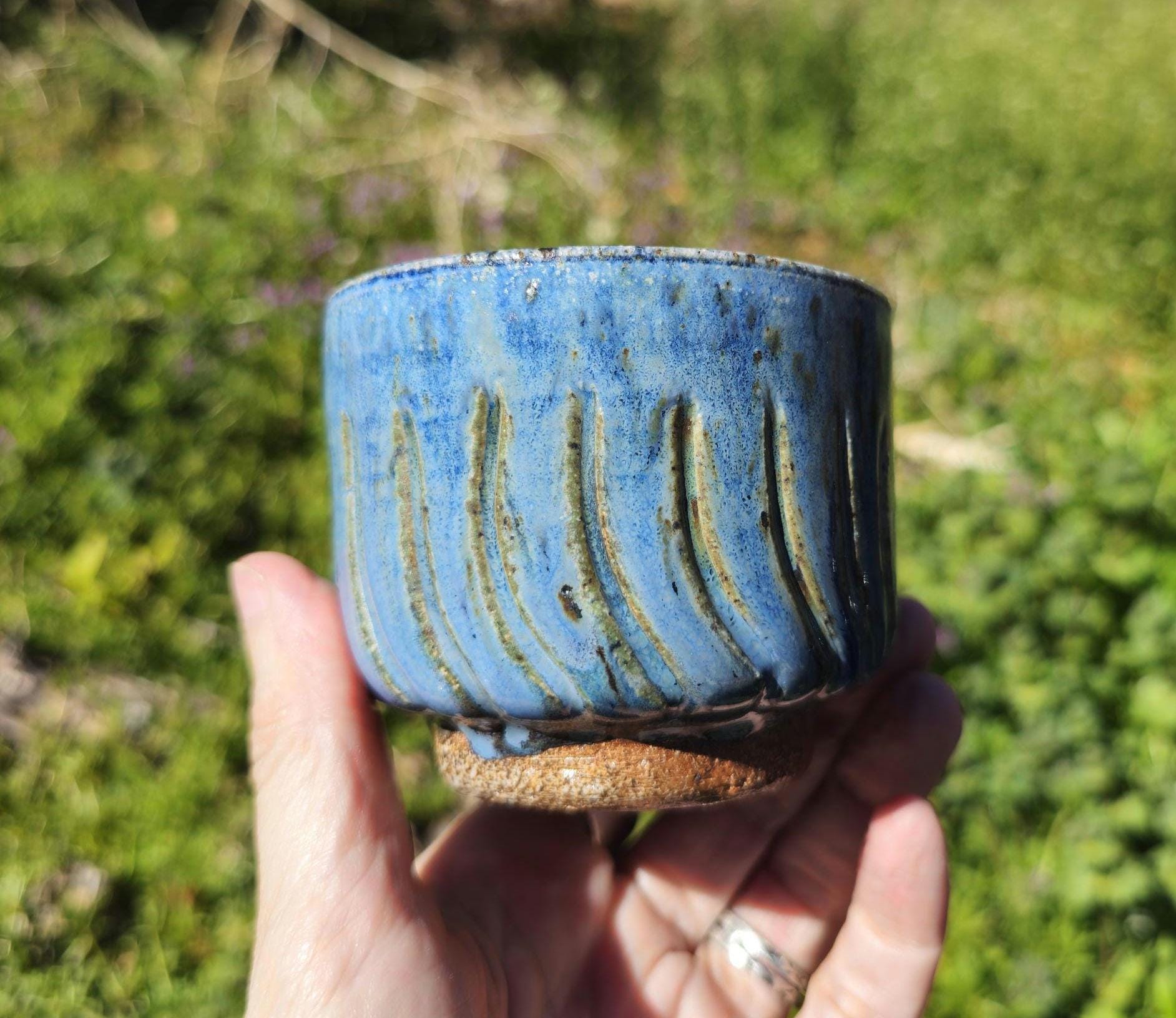 Soda Fired Carved Stoneware Cup Blue Glaze Footed Cortado 5 oz handmade pottery