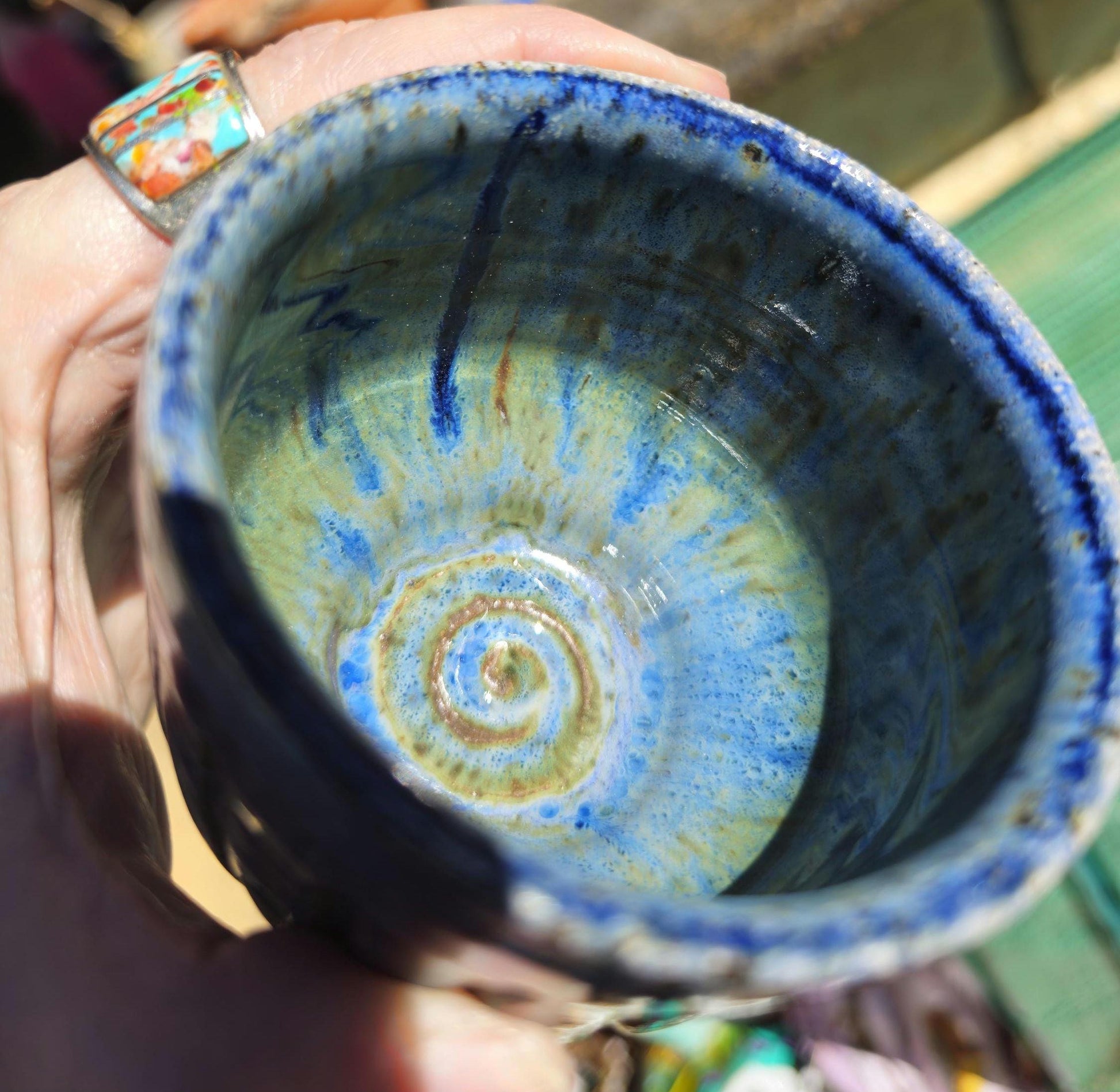 Soda Fired Carved Stoneware Cup Blue Glaze Footed Cortado 5 oz handmade pottery