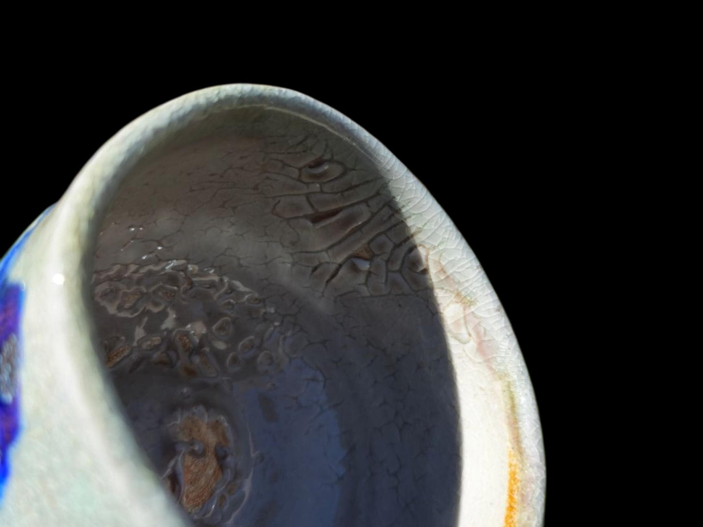 Handmade Soda Fired Shino Chawan Tea Bowl with Cobalt Waves (4" x 3")