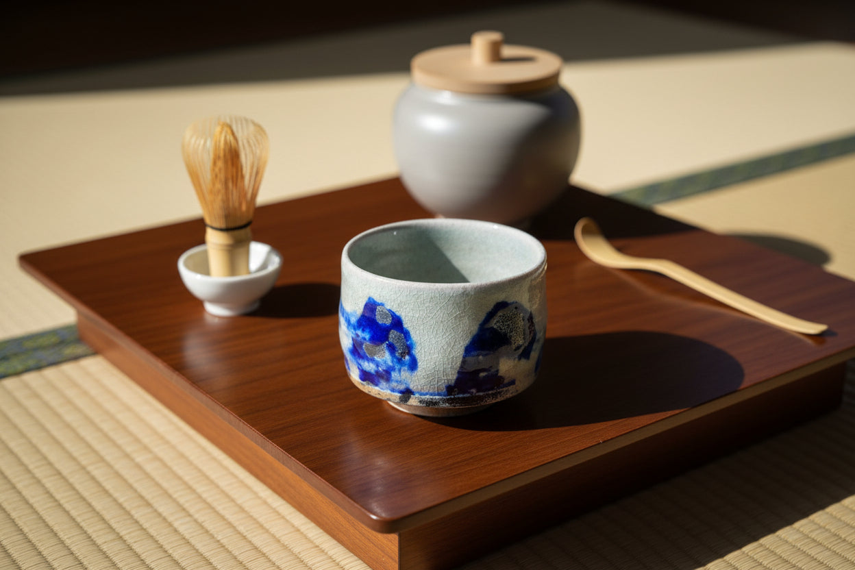 Handmade Soda Fired Shino Chawan Tea Bowl with Cobalt Waves (4" x 3")