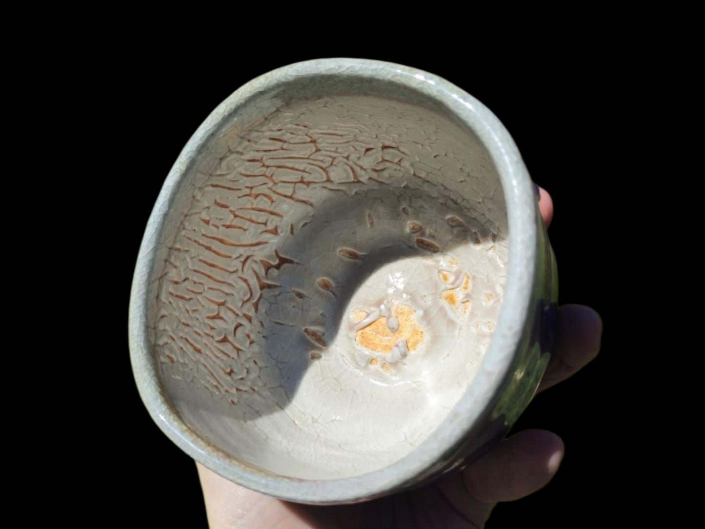 Handmade Soda Fired Shino Chawan Tea Bowl with Cobalt Waves (4" x 3")