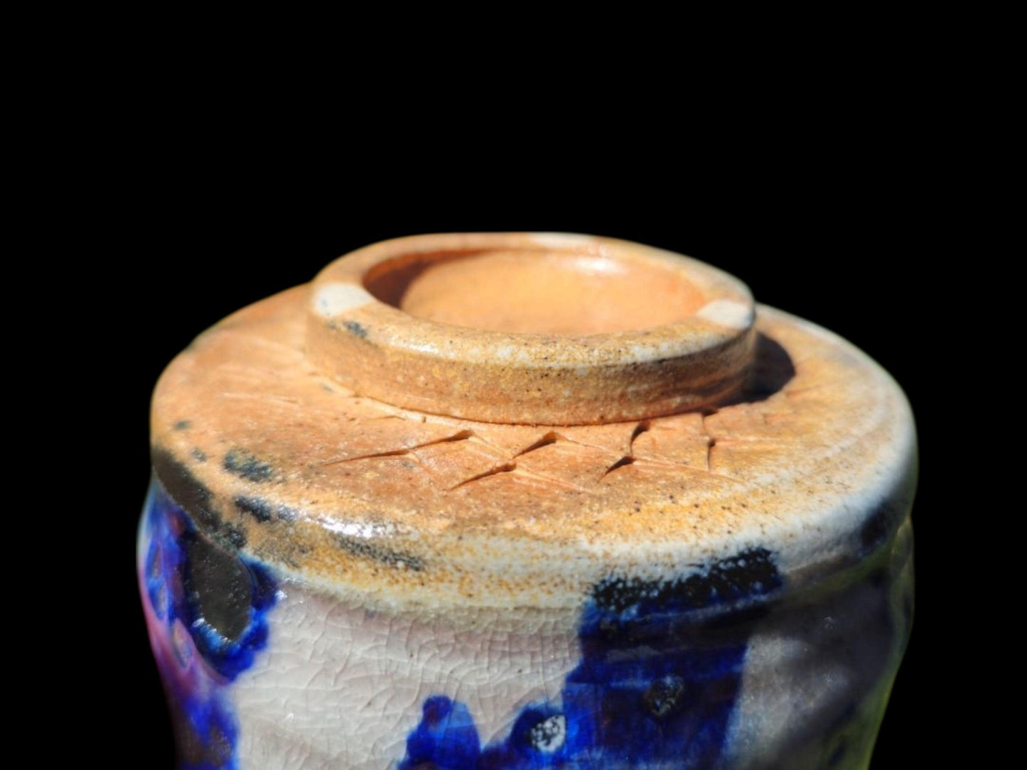 Handmade Soda Fired Shino Chawan Tea Bowl with Cobalt Waves (4" x 3")