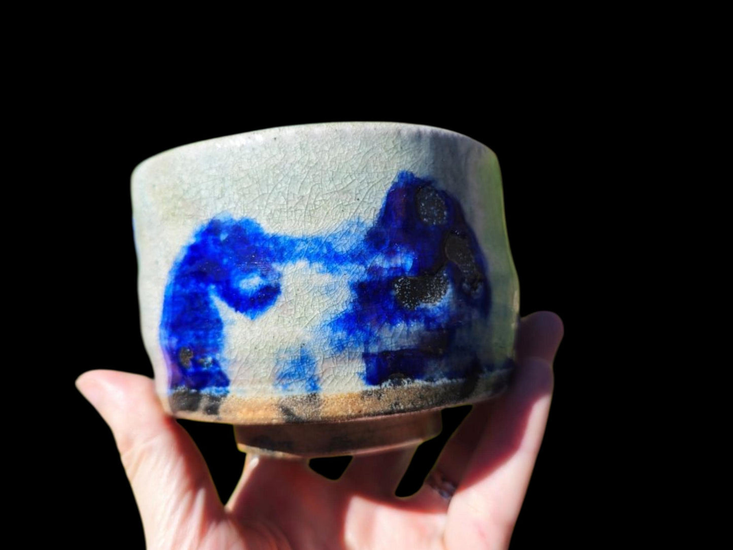 Handmade Soda Fired Shino Chawan Tea Bowl with Cobalt Waves (4" x 3")