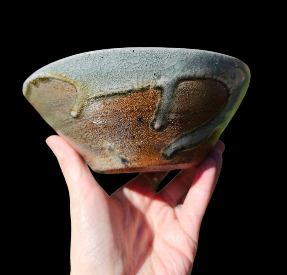 Handmade Soda Fired Shino Bowl: Cobalt Blue Glaze, Unique Kiln Effects, Decorative Ceramic Art (7")