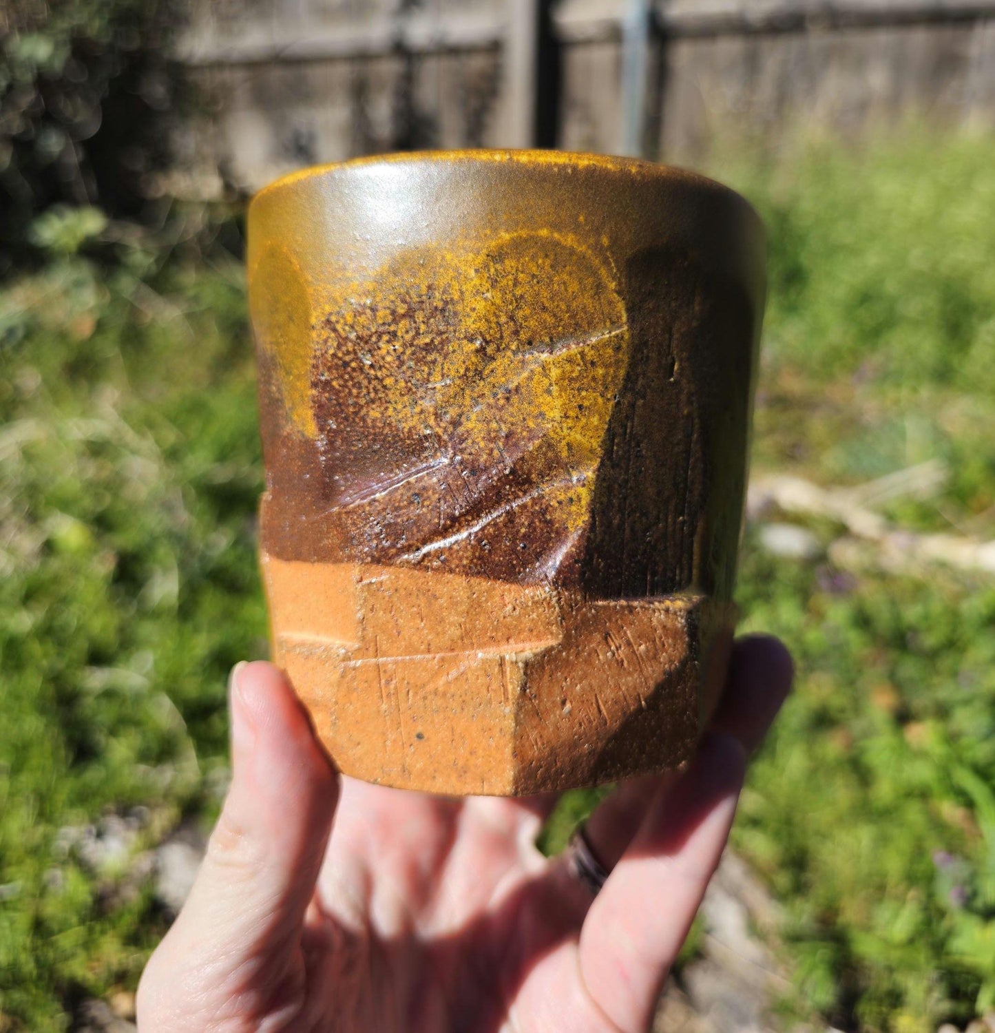 Soda Fired Carved Stoneware Cup Kurinuki Style Teadust Glaze Rustic 8 oz 4x4"