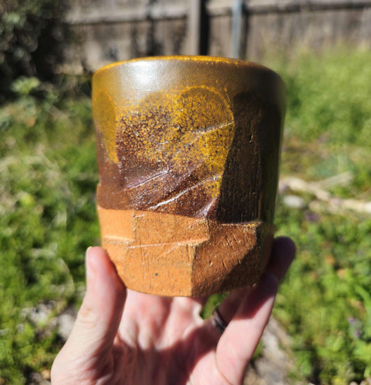 Soda Fired Carved Stoneware Cup Kurinuki Style Teadust Glaze Rustic 8 oz 4x4"