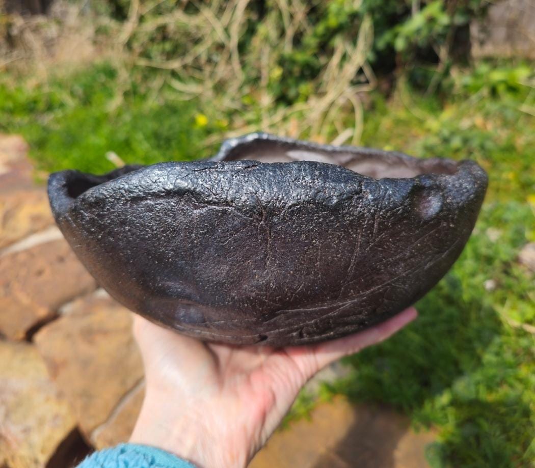 Handmade Soda Fired Sculptural Bowl 9" x 4" Black Lava centerpiece ceramic Art