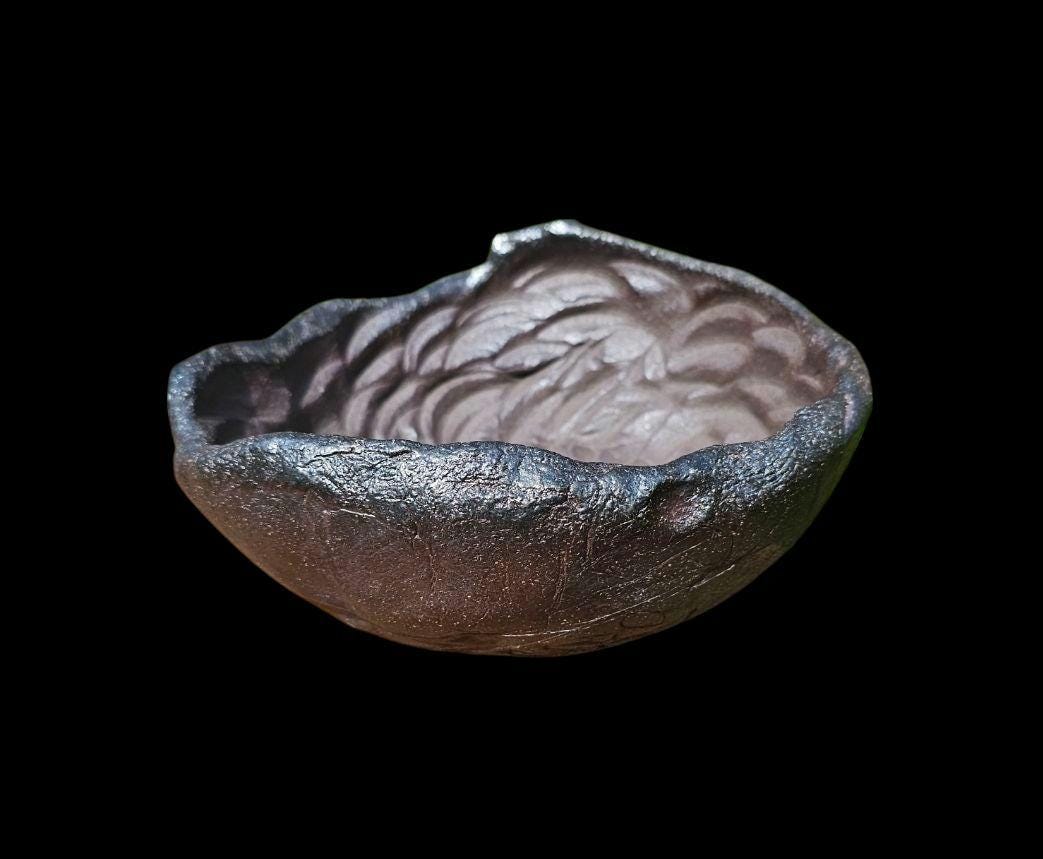 Handmade Soda Fired Sculptural Bowl 9" x 4" Black Lava centerpiece ceramic Art