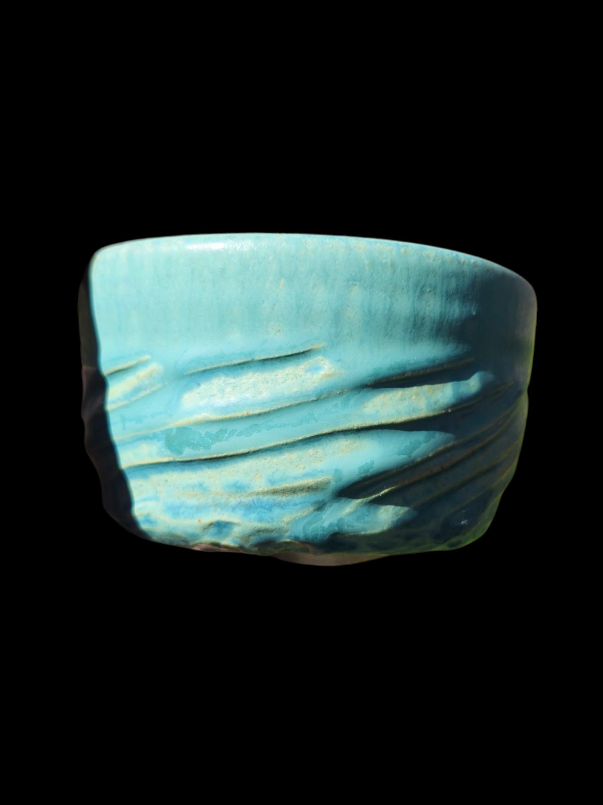 Handmade "Tiffany Aqua" Chawan Tea Bowl – carved Stoneware Matcha Teabowl 5x3