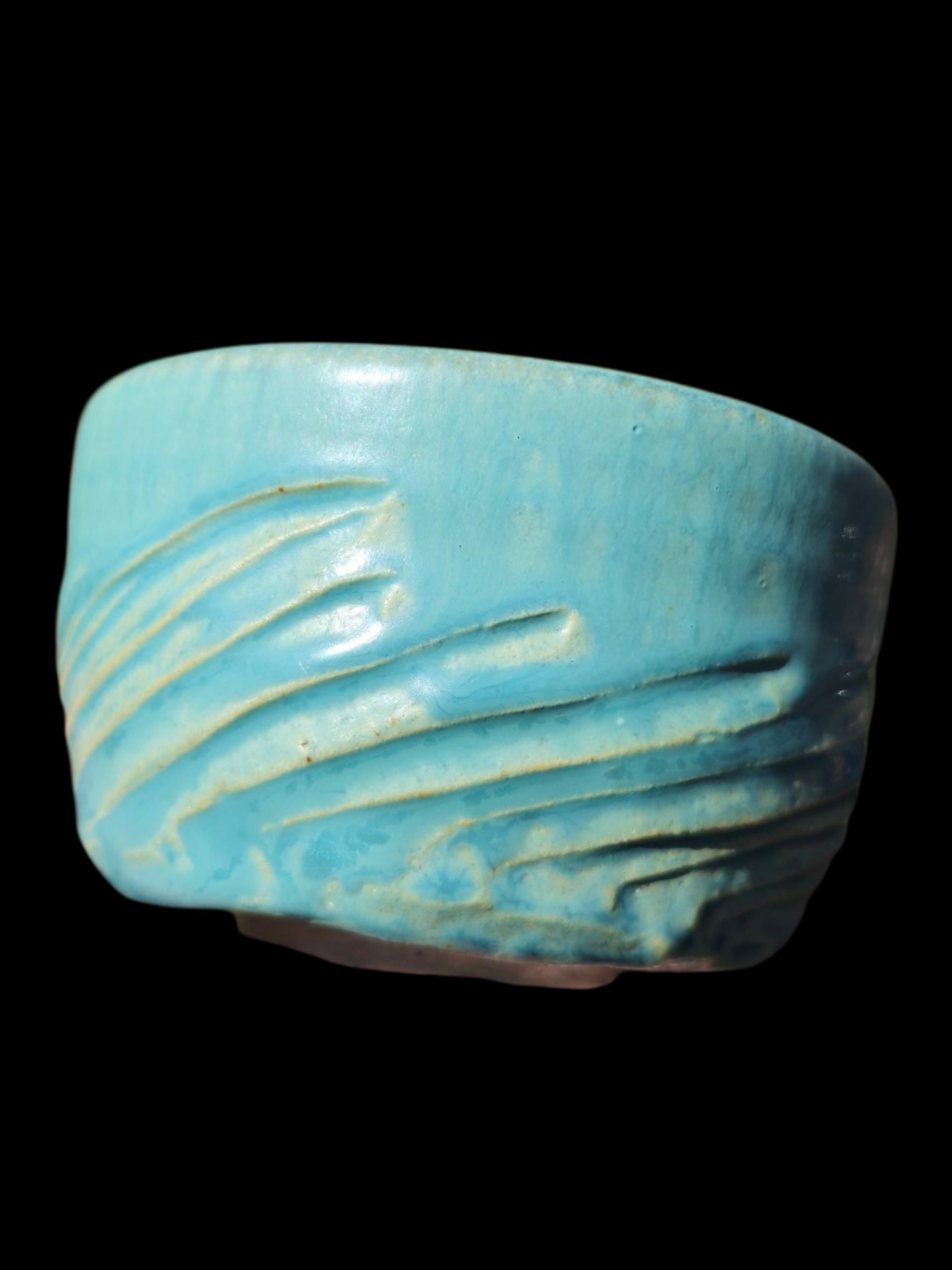 Handmade "Tiffany Aqua" Chawan Tea Bowl – carved Stoneware Matcha Teabowl 5x3