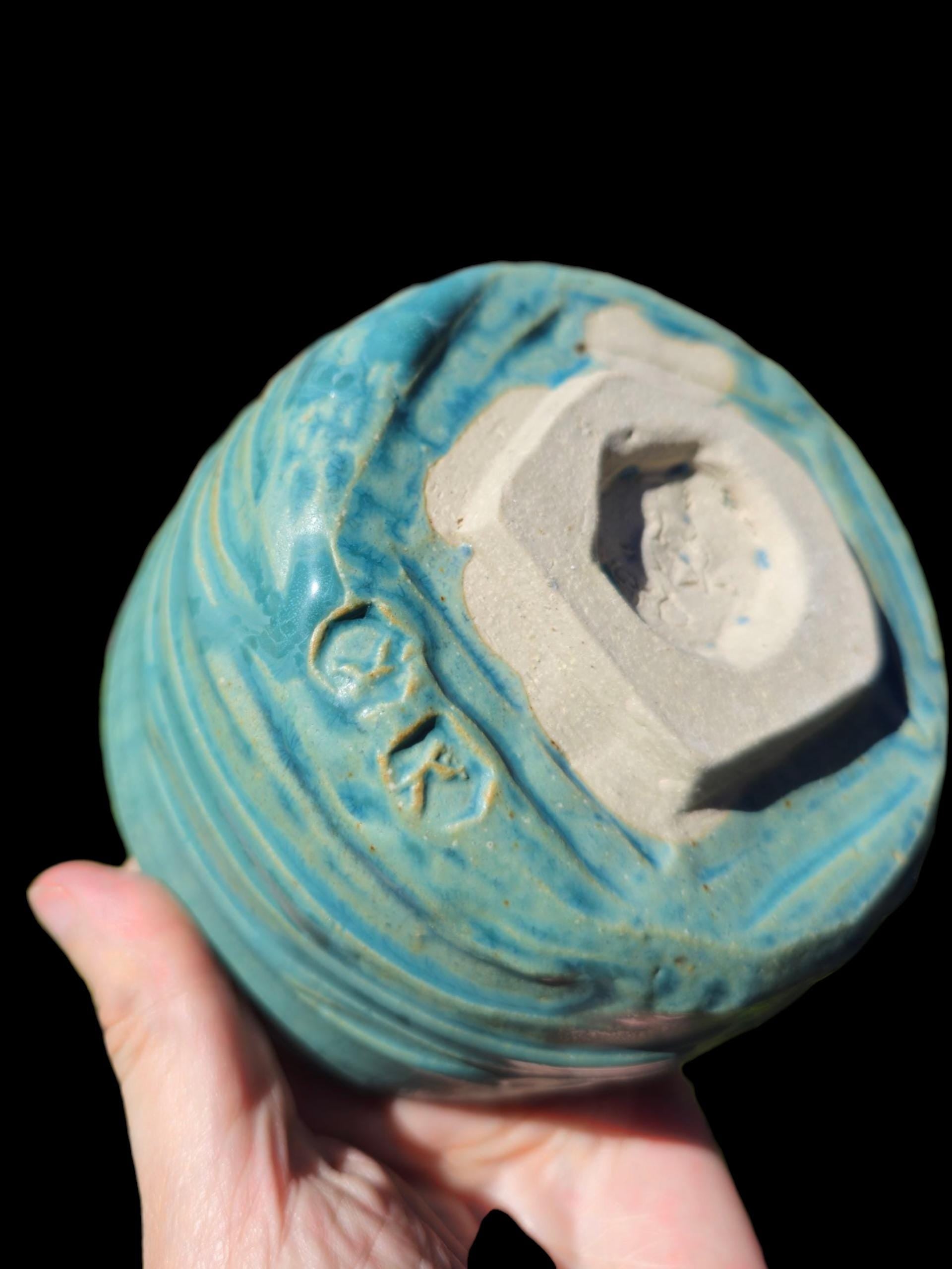 Handmade "Tiffany Aqua" Chawan Tea Bowl – carved Stoneware Matcha Teabowl 5x3