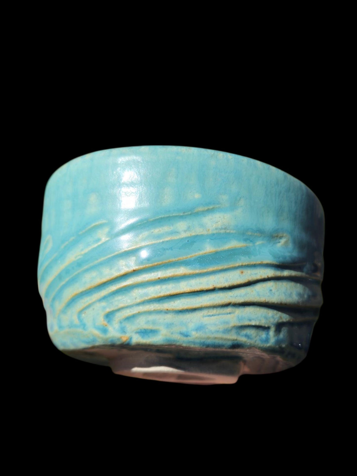 Handmade "Tiffany Aqua" Chawan Tea Bowl – carved Stoneware Matcha Teabowl 5x3
