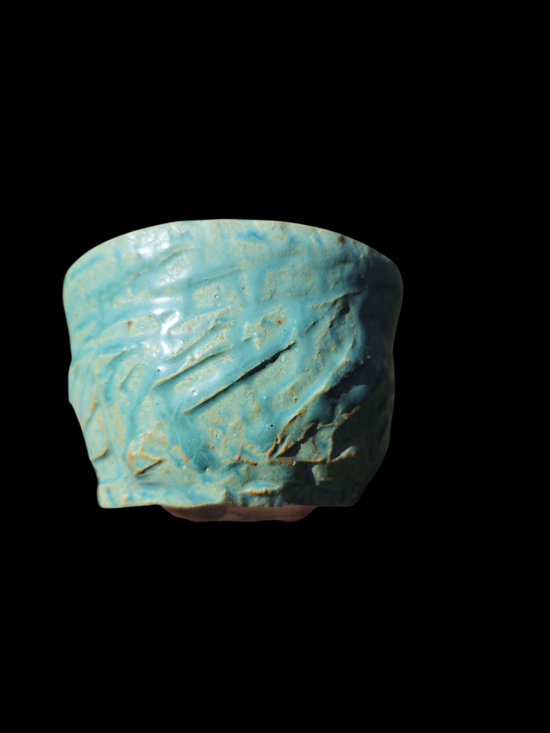 Handmade "Tiffany Aqua" Chawan Tea Bowl – carved Stoneware Matcha Teabowl 4x4
