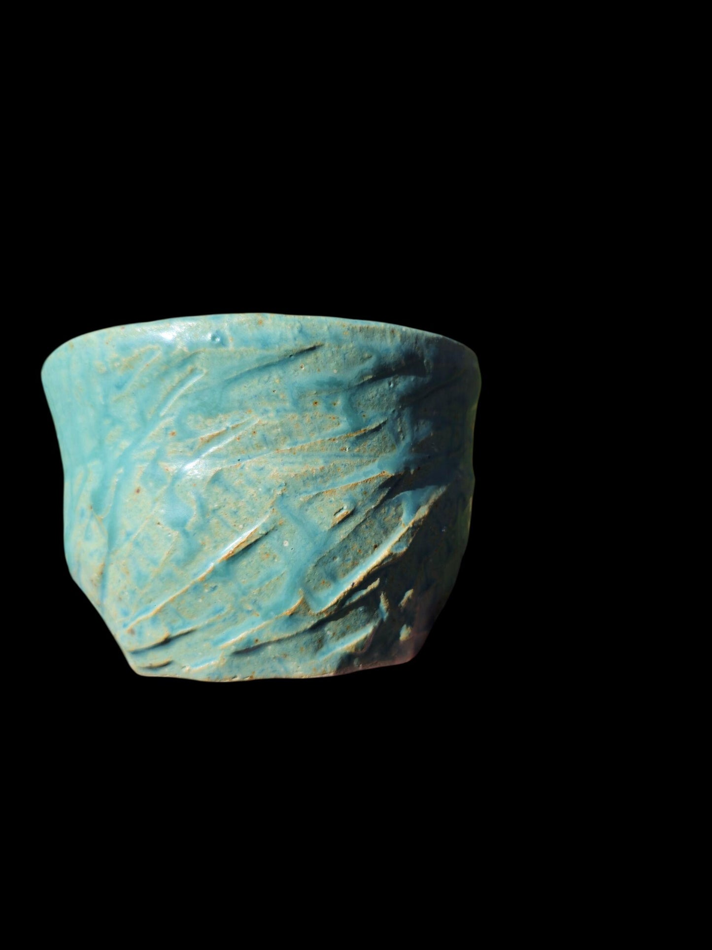 Handmade "Tiffany Aqua" Chawan Tea Bowl – carved Stoneware Matcha Teabowl 4x4