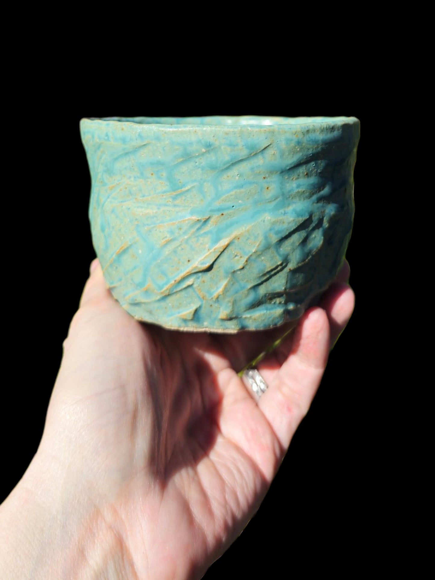 Handmade "Tiffany Aqua" Chawan Tea Bowl – carved Stoneware Matcha Teabowl 4x4