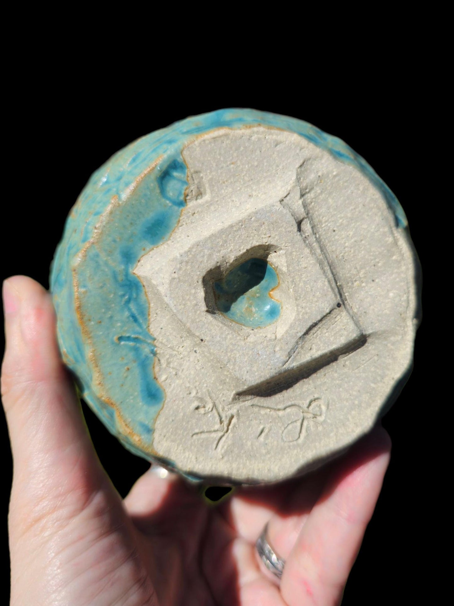 Handmade "Tiffany Aqua" Chawan Tea Bowl – carved Stoneware Matcha Teabowl 4x4