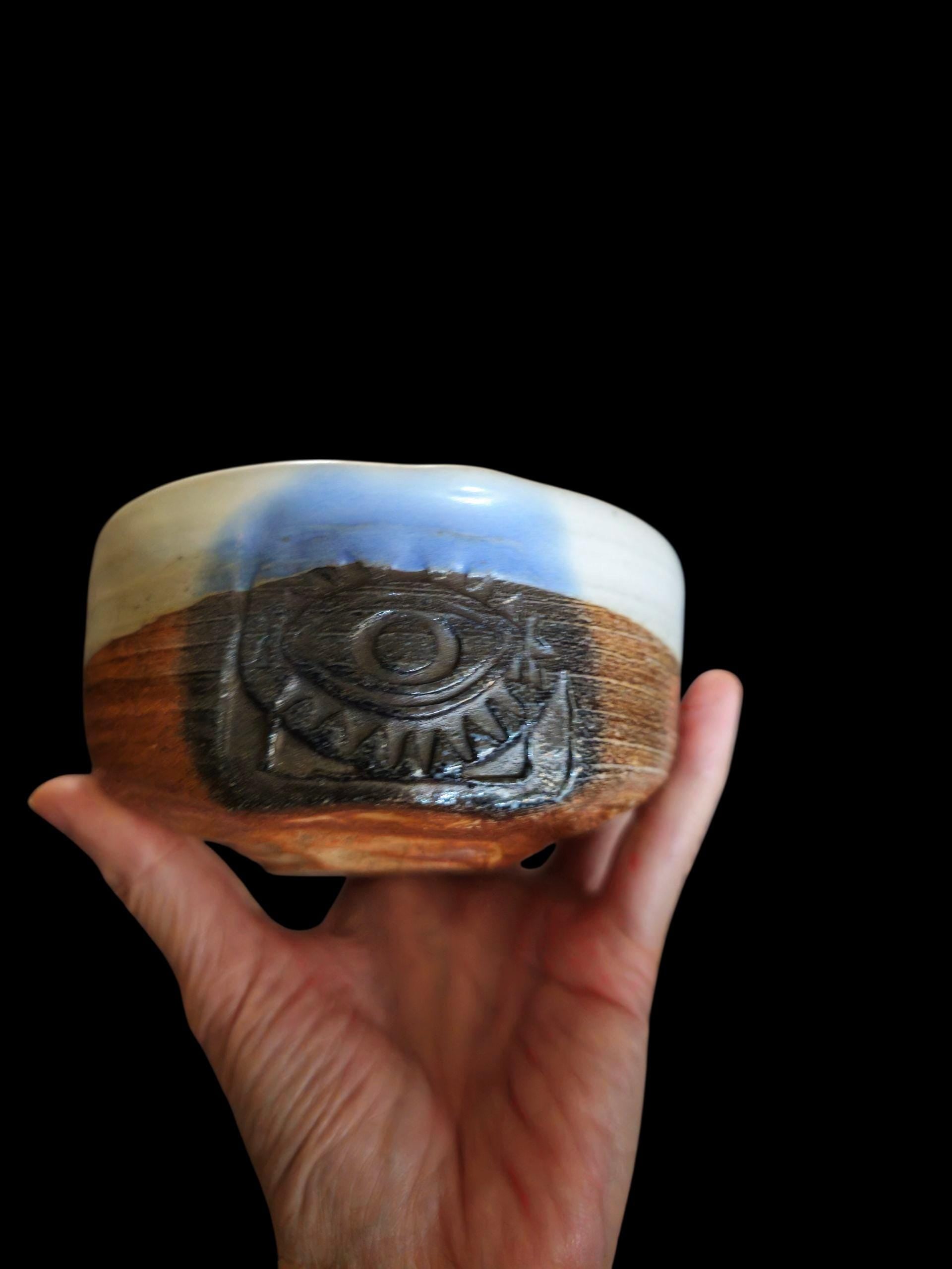 Soda Fired Hand Carved Eye Teabowl, Melange Stoneware Chawan (5" Diameter)