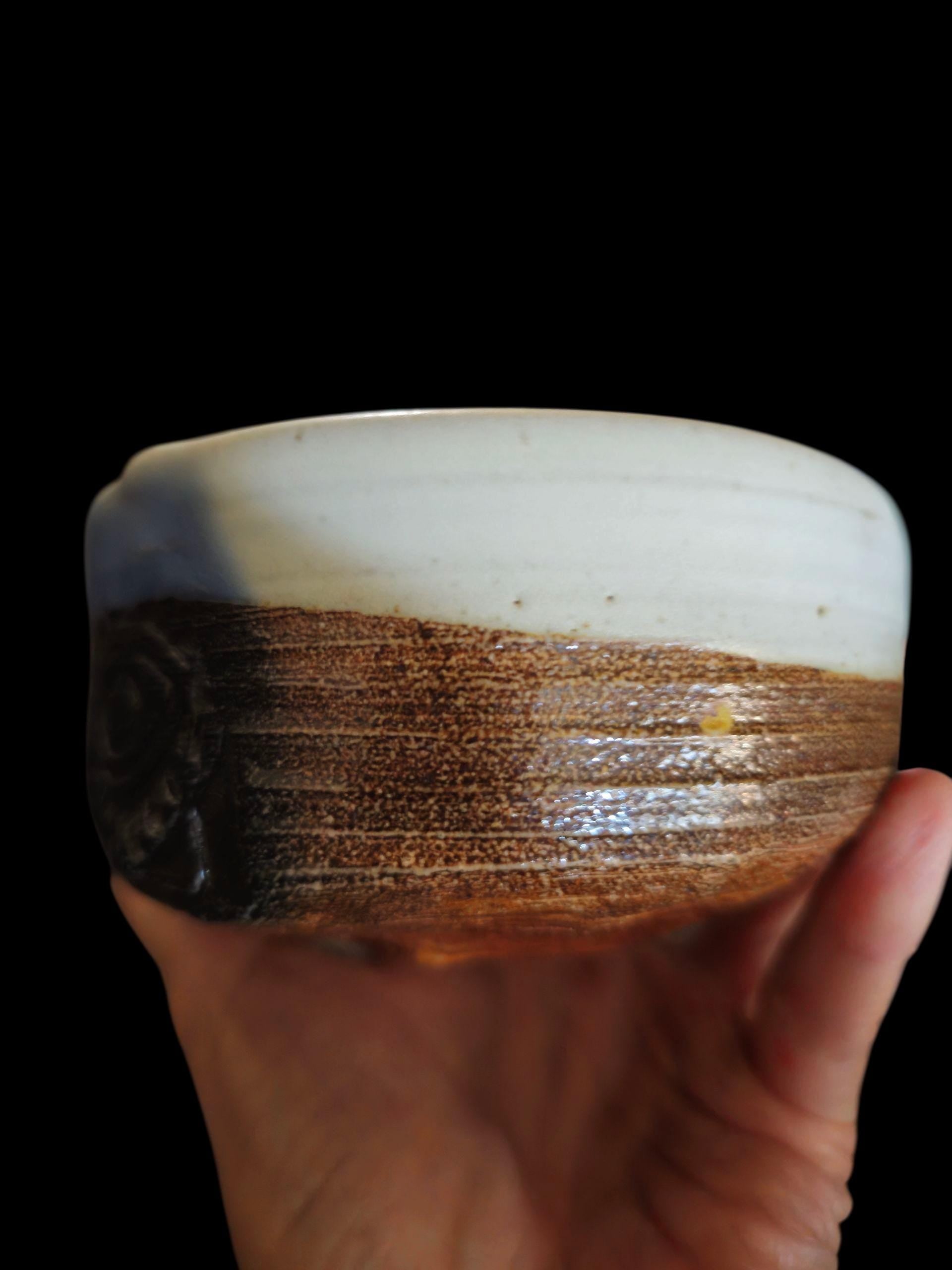 Soda Fired Hand Carved Eye Teabowl, Melange Stoneware Chawan (5" Diameter)