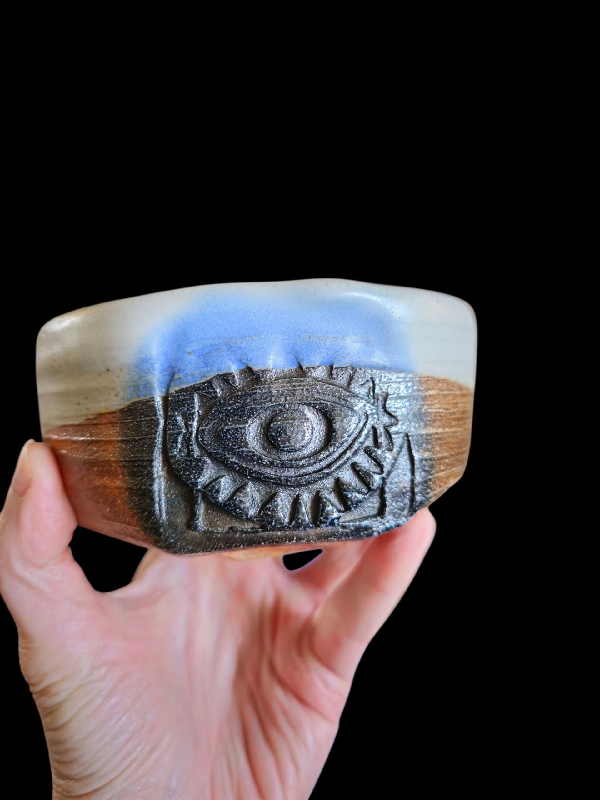 Soda Fired Hand Carved Eye Teabowl, Melange Stoneware Chawan (5" Diameter)