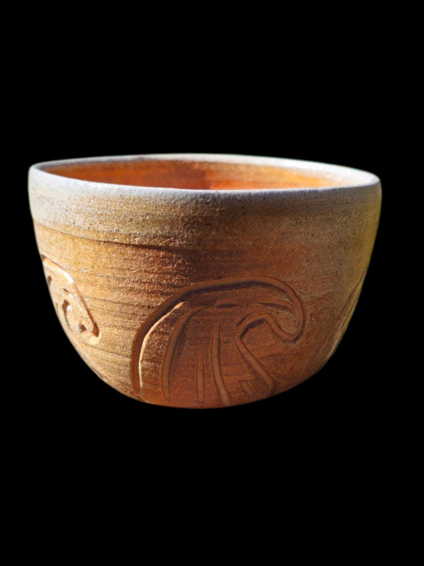 Handmade Soda Fired carved wave Bowl or large chawan 5" x 4"