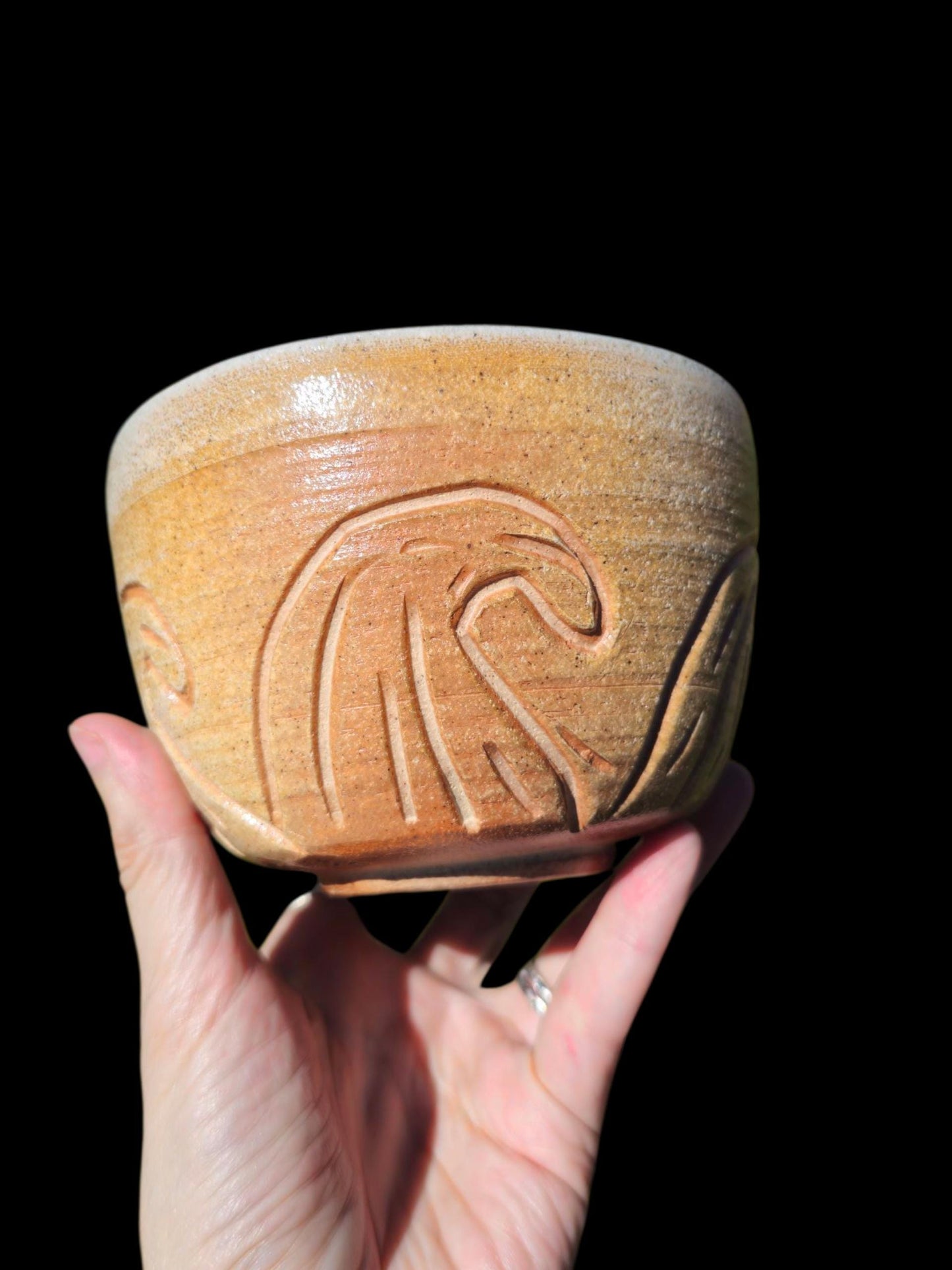 Handmade Soda Fired carved wave Bowl or large chawan 5" x 4"