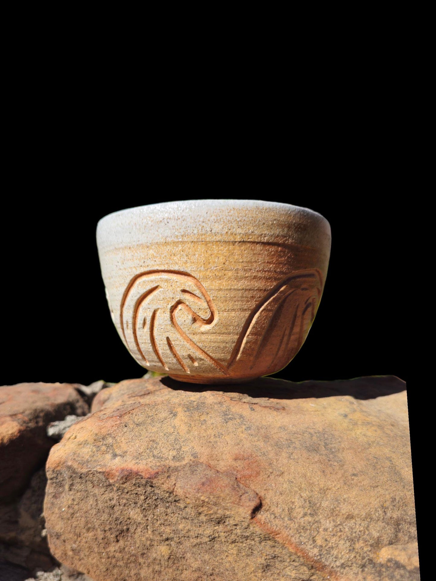 Handmade Soda Fired carved wave Bowl or large chawan 5" x 4"