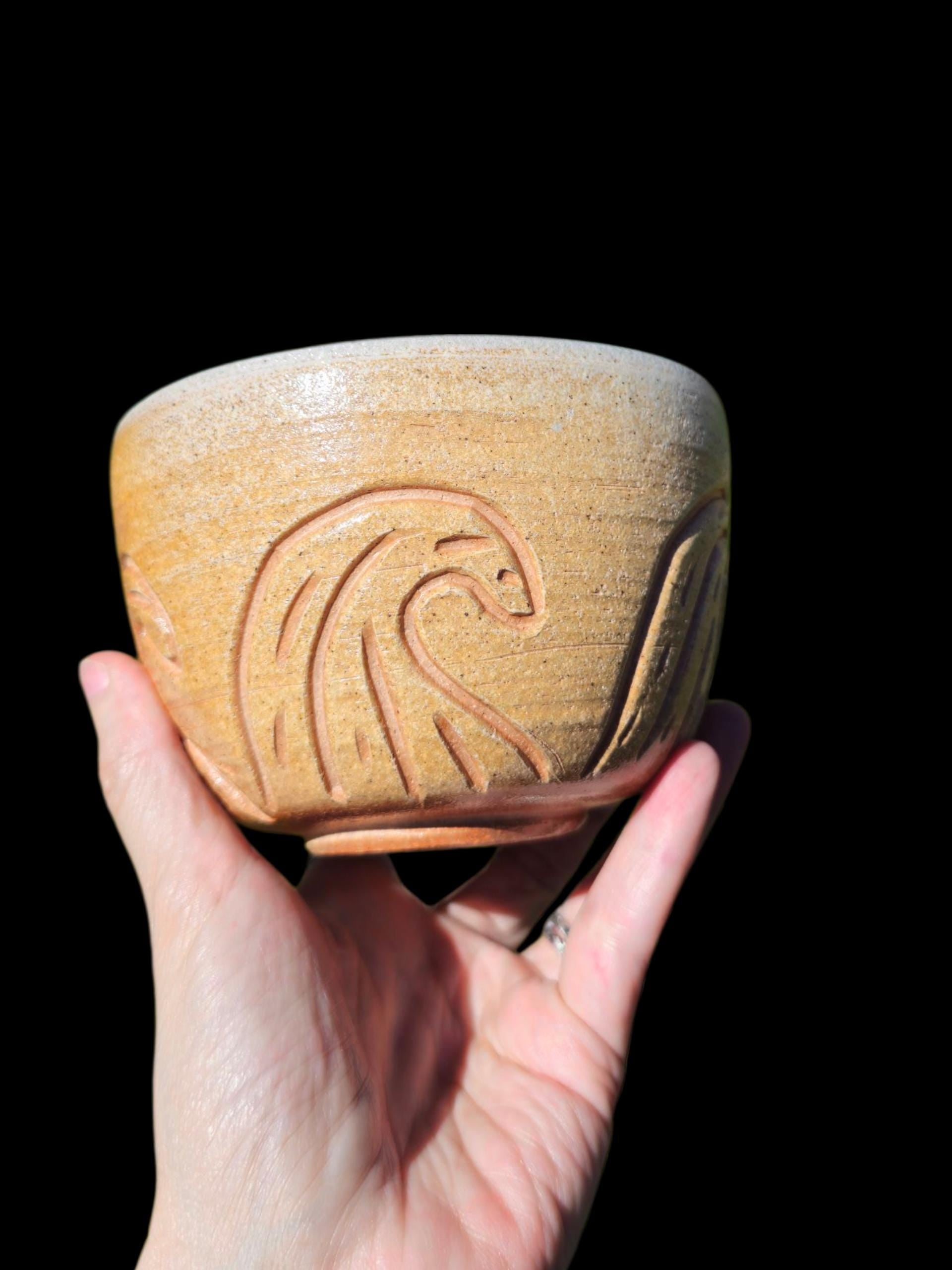 Handmade Soda Fired carved wave Bowl or large chawan 5" x 4"