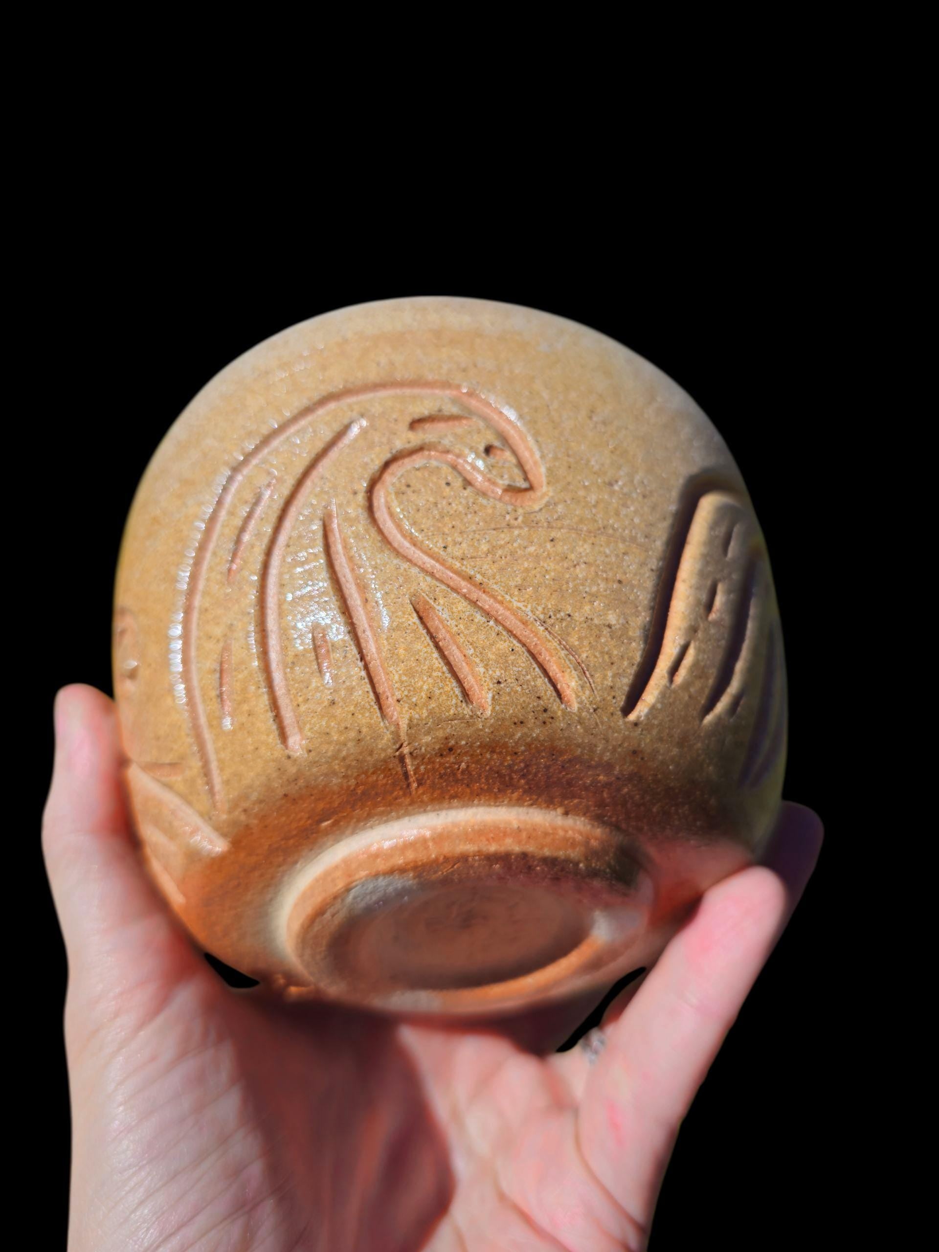 Handmade Soda Fired carved wave Bowl or large chawan 5" x 4"