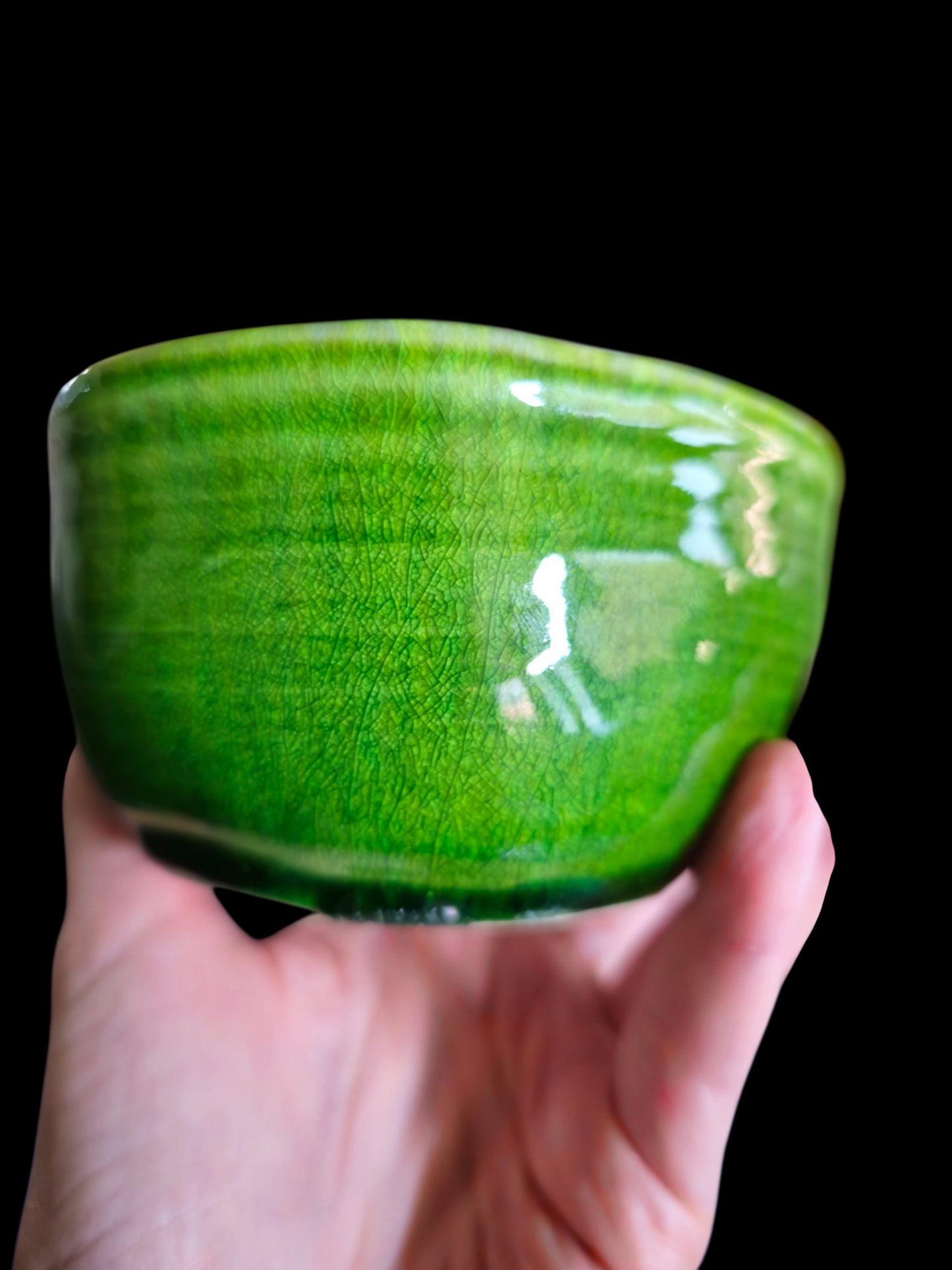 Handmade Porcelain Chawan Teabowl: neon green crackle Skull motif small bowl artisan 4.5" x 3"