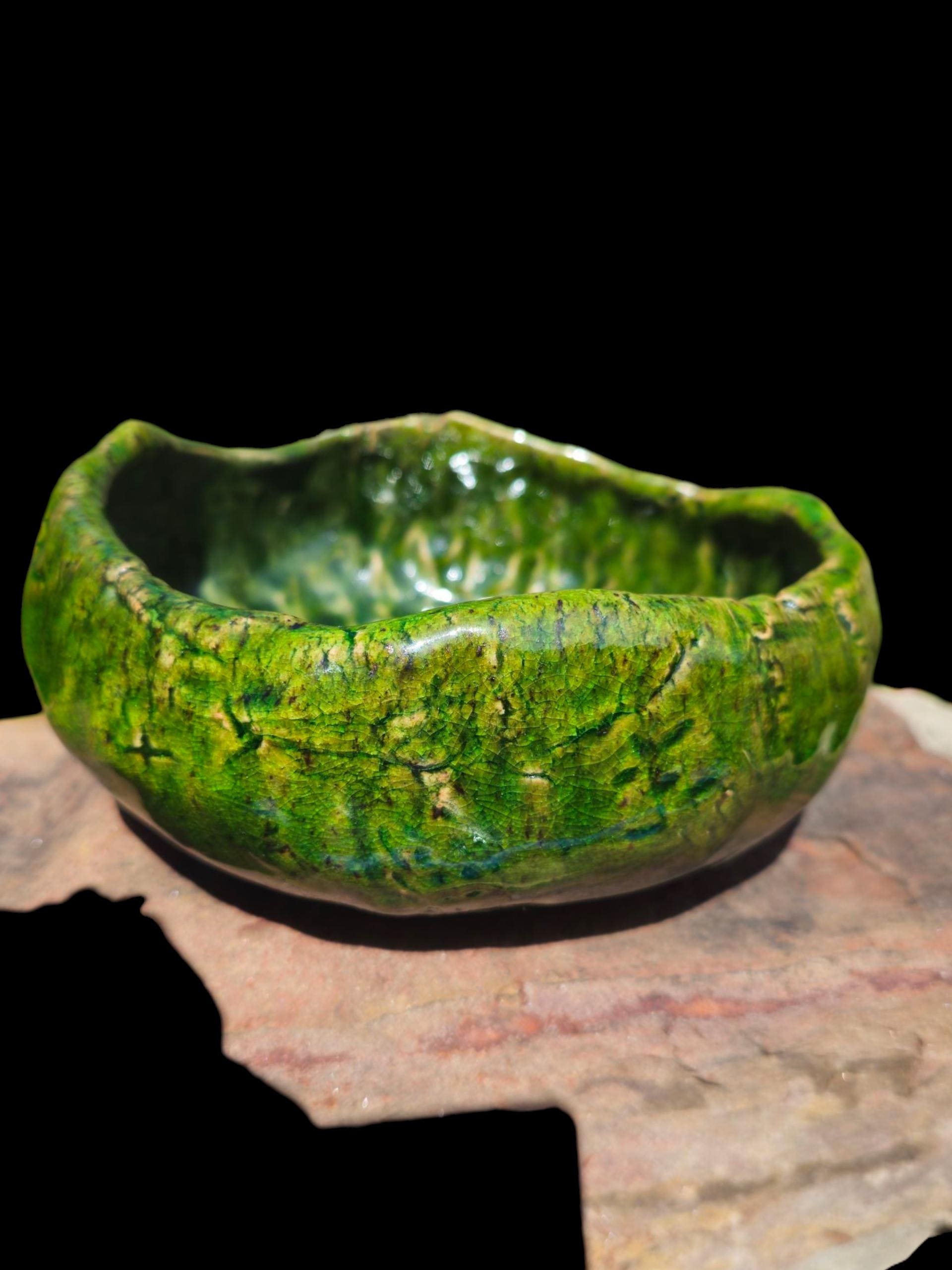 Sculptural Green Ceramic Bowl Hand Thrown Stoneware, Crackle Glaze, Wabi-Sabi, Electric Fired, One of a Kind