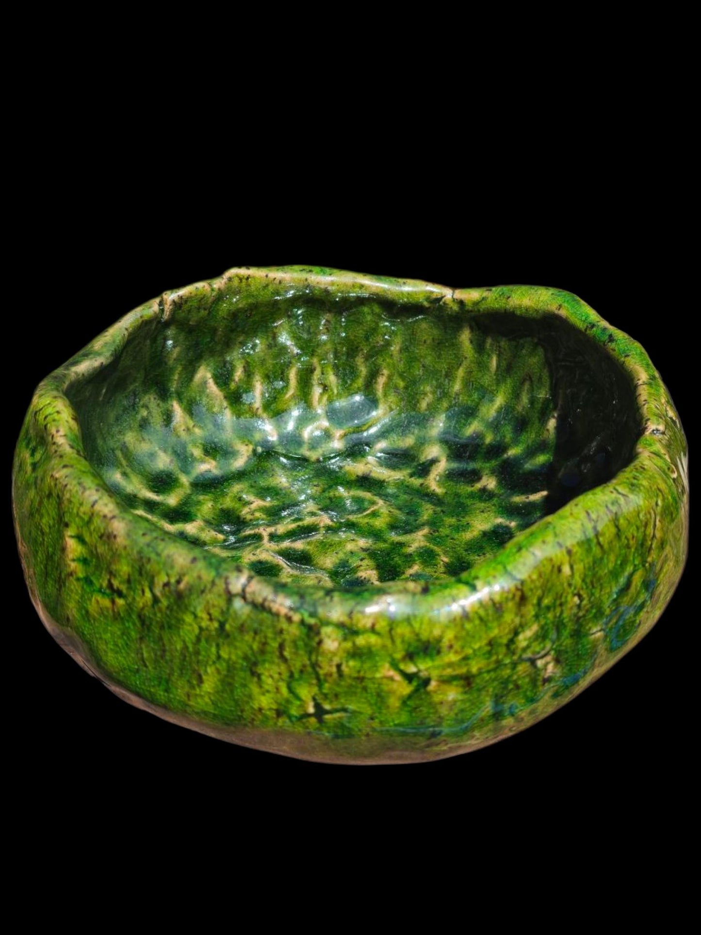 Sculptural Green Ceramic Bowl Hand Thrown Stoneware, Crackle Glaze, Wabi-Sabi, Electric Fired, One of a Kind