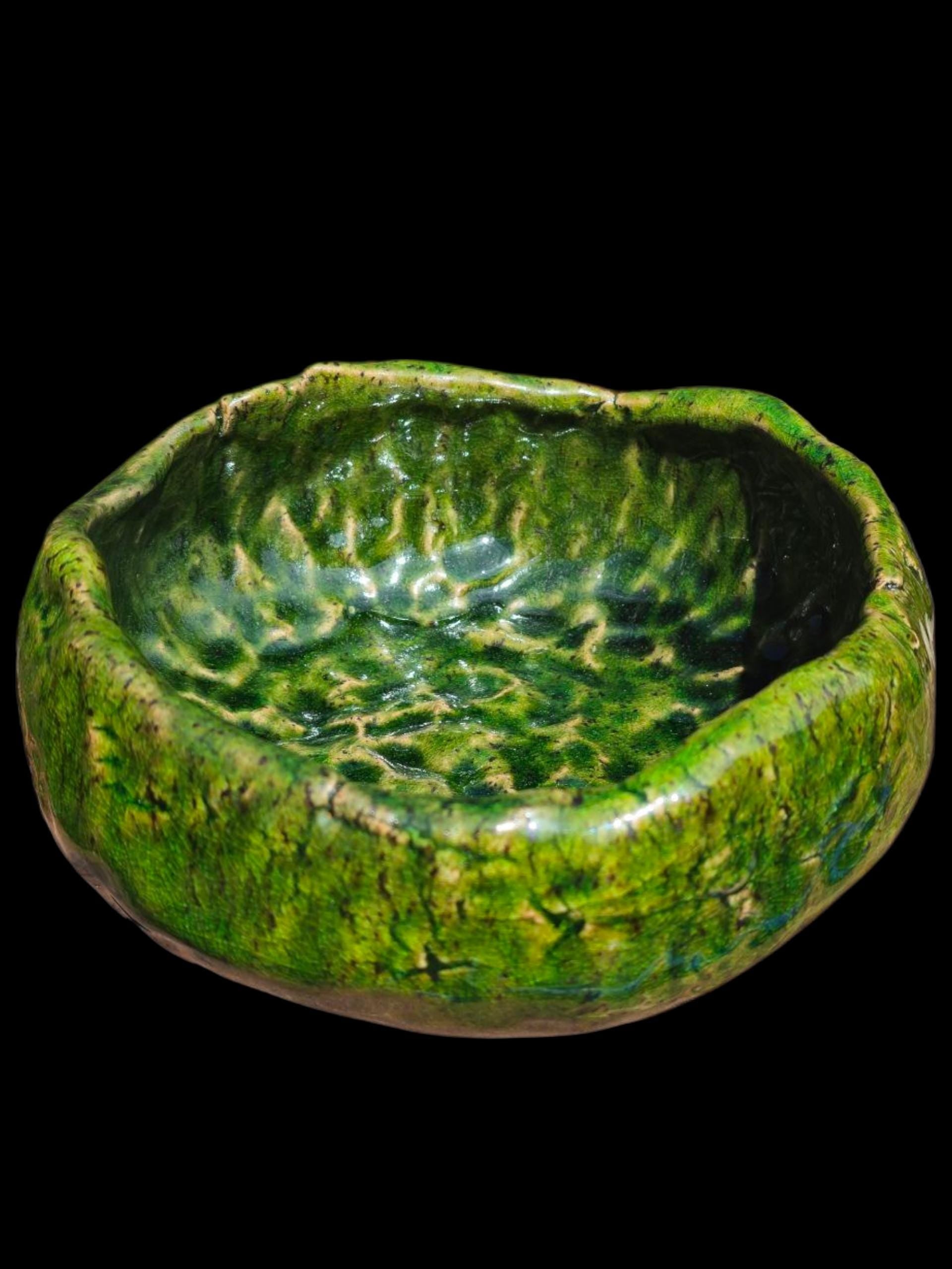 Sculptural Green Ceramic Bowl Hand Thrown Stoneware, Crackle Glaze, Wabi-Sabi, Electric Fired, One of a Kind