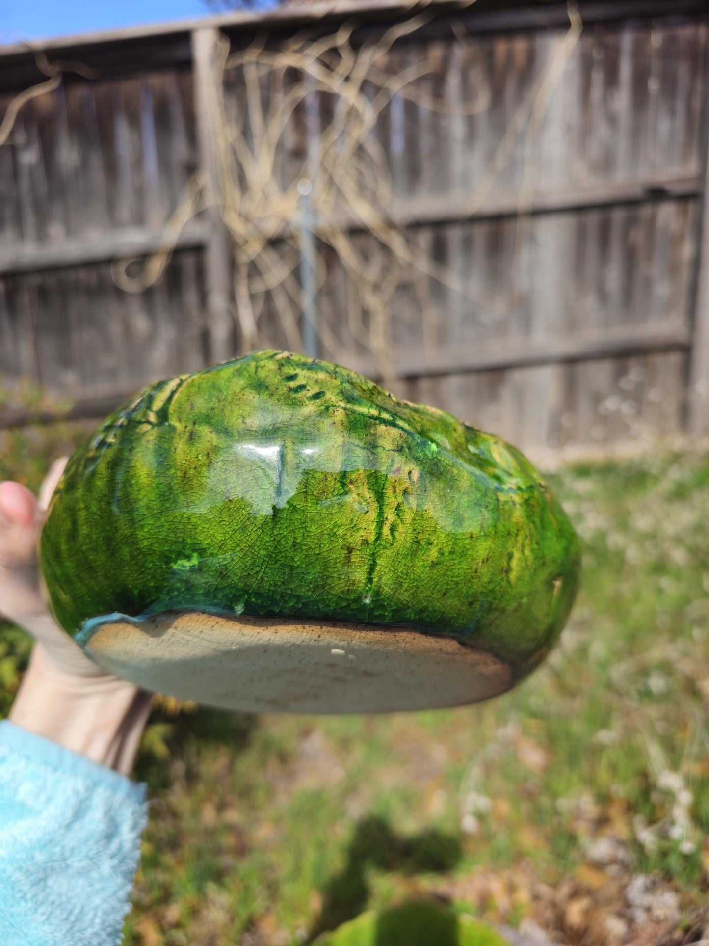 Sculptural Green Ceramic Bowl Hand Thrown Stoneware, Crackle Glaze, Wabi-Sabi, Electric Fired, One of a Kind