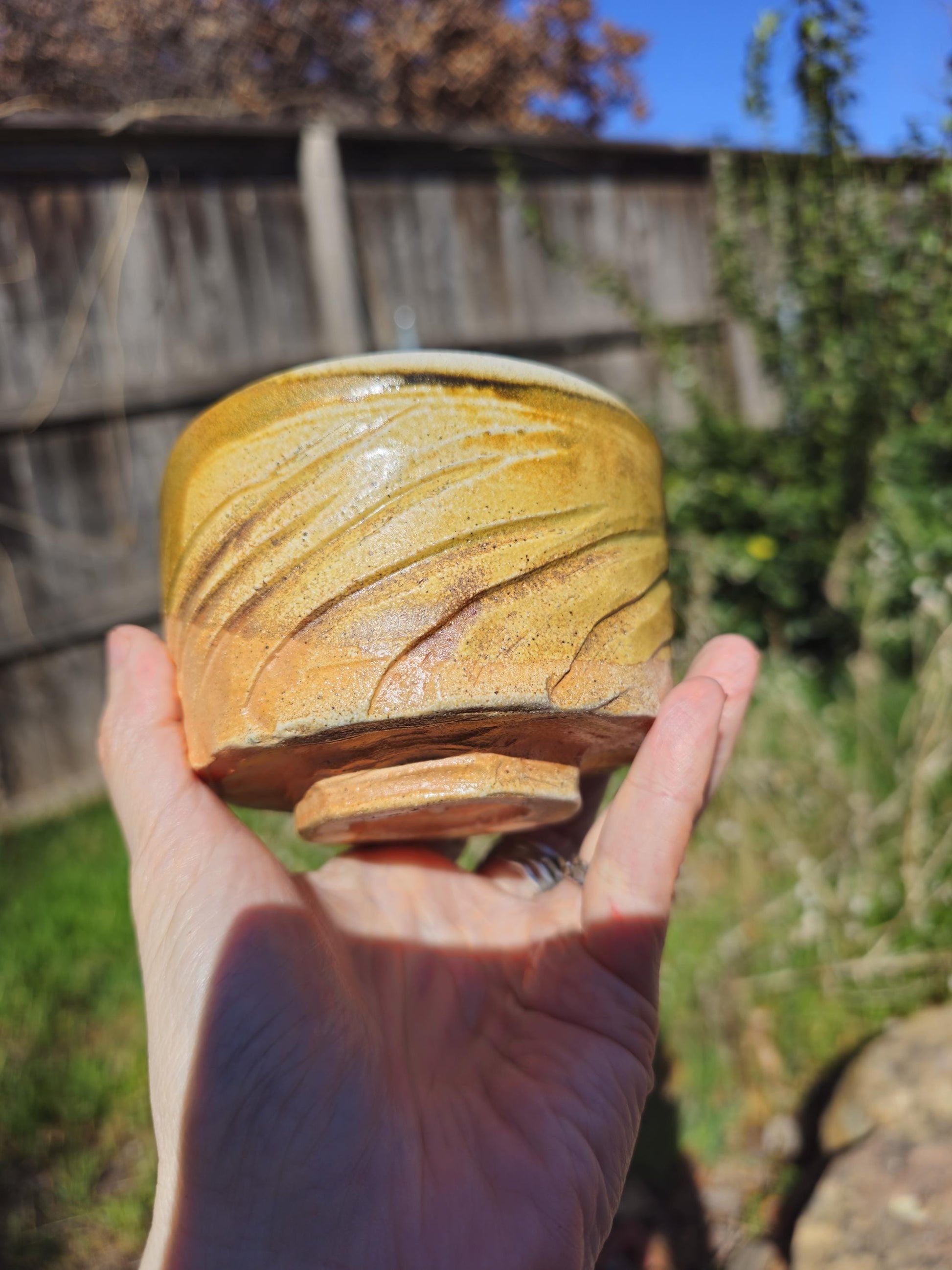 Soda Fired Chawan — Hand Thrown Carved Stoneware Tea Bowl, Amber Glaze, Japanese Tea Ceremony, One of a Kind