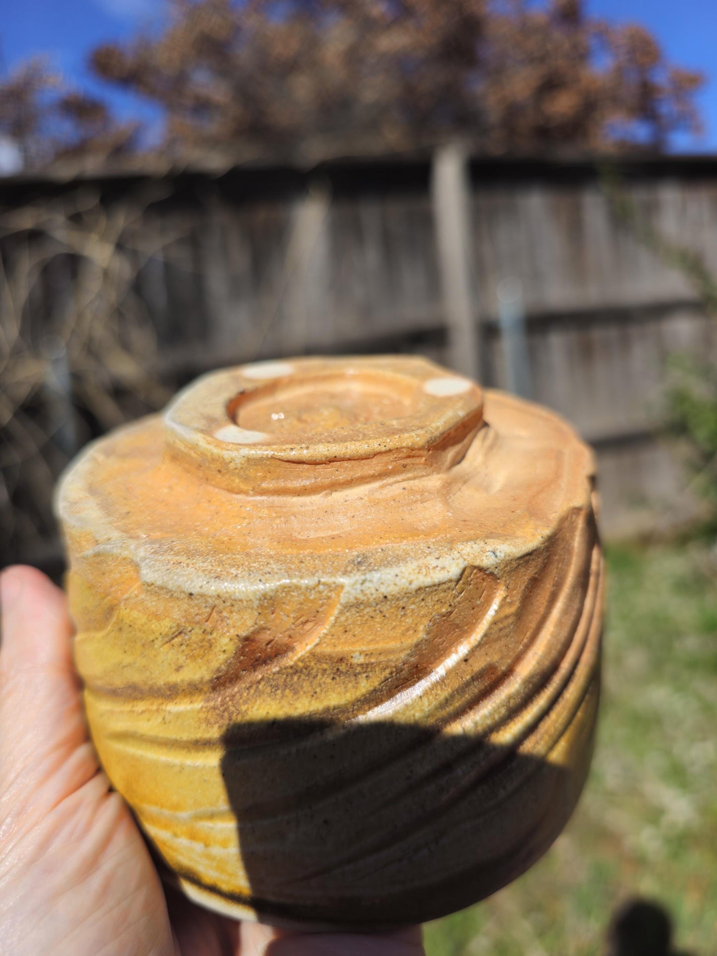 Soda Fired Chawan — Hand Thrown Carved Stoneware Tea Bowl, Amber Glaze, Japanese Tea Ceremony, One of a Kind
