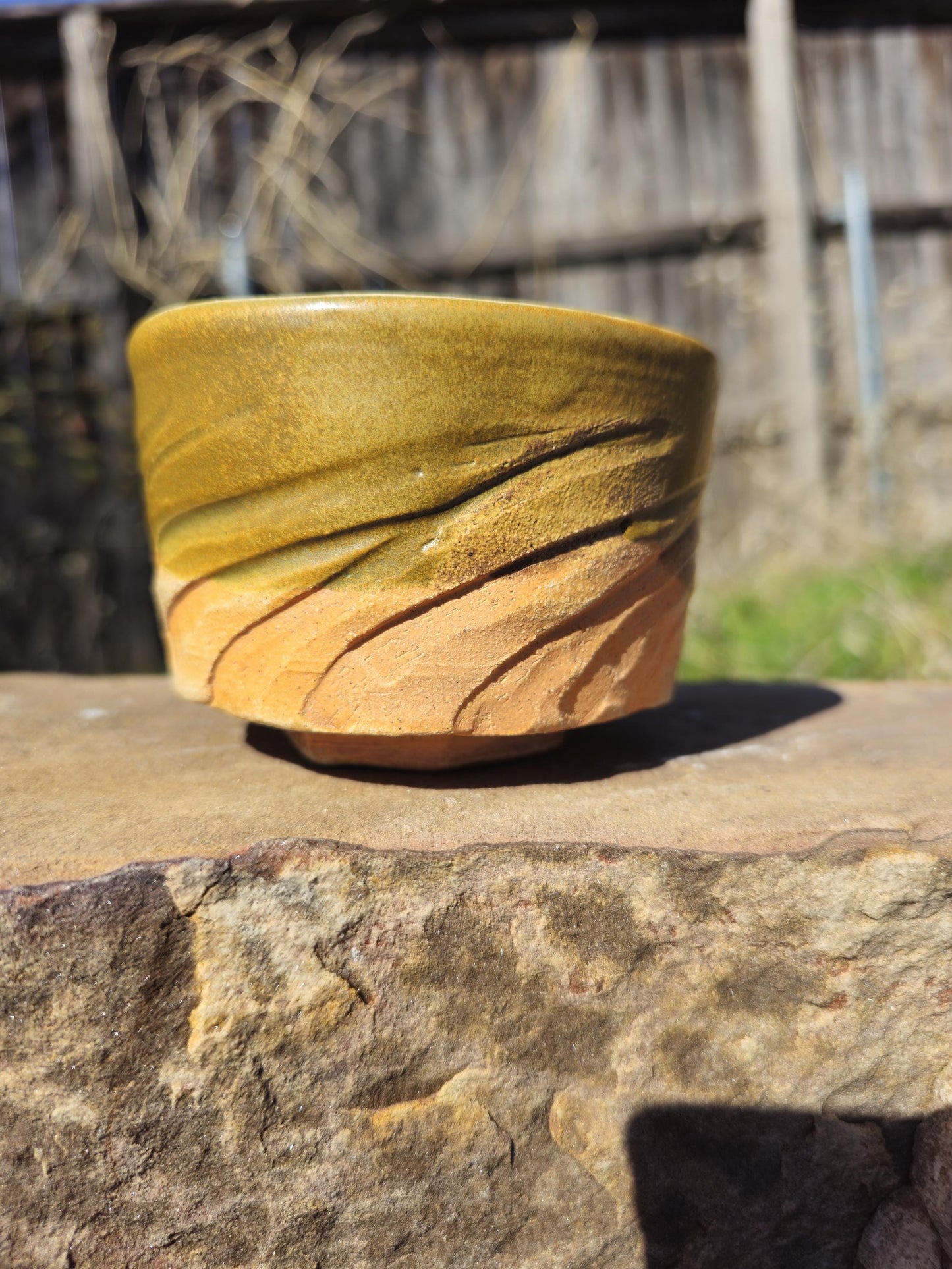 Soda Fired Chawan — Hand Thrown Carved Stoneware Tea Bowl, Amber Glaze, Japanese Tea Ceremony, One of a Kind