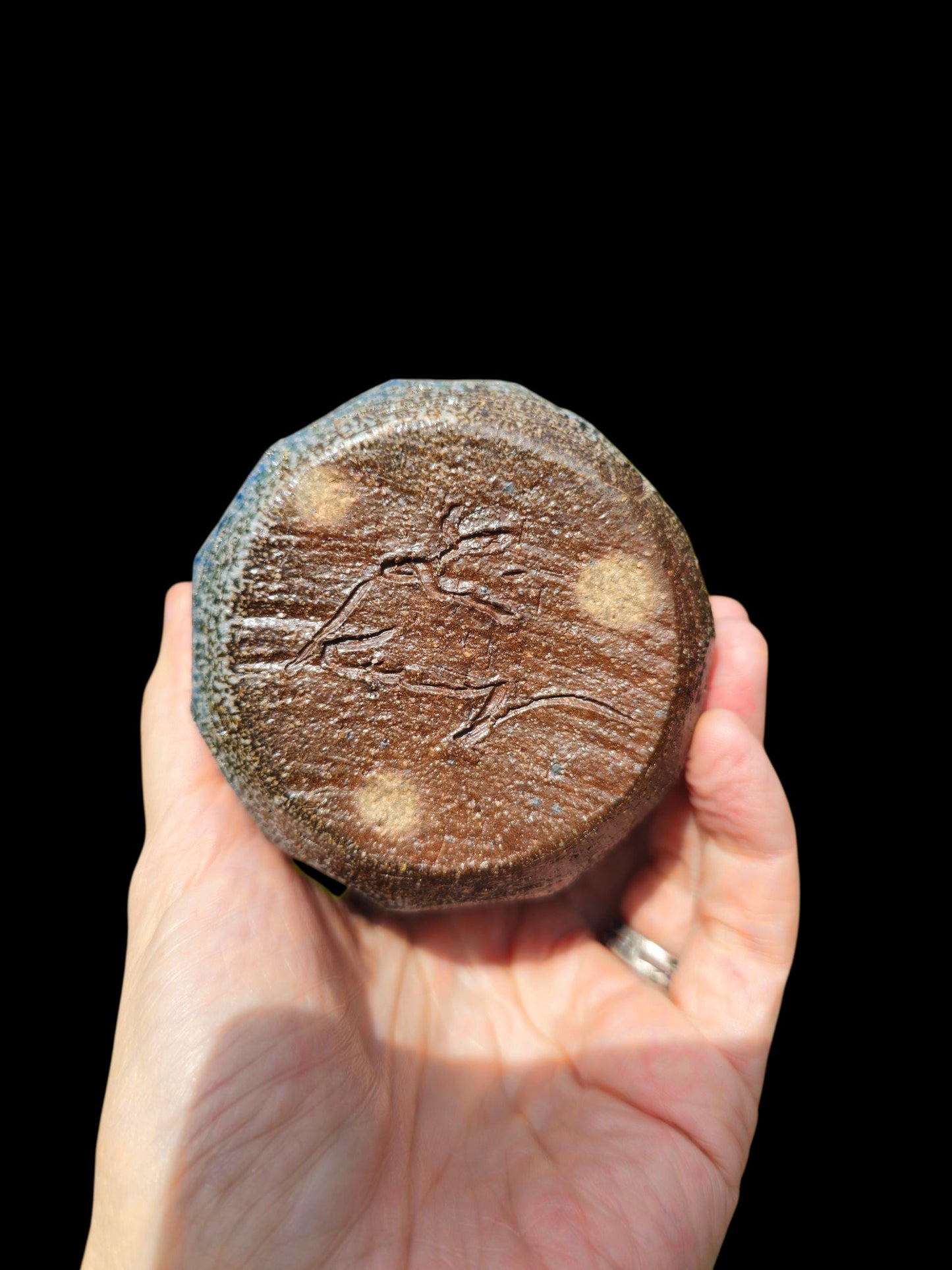 Soda Fired Blue Shino Stoneware Cup 10 oz yunomi carved