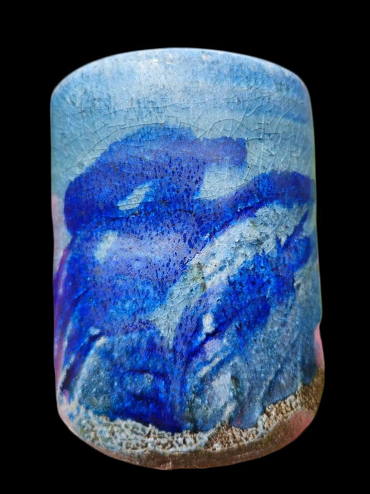 Soda Fired Blue Shino Stoneware Cup 10 oz yunomi carved