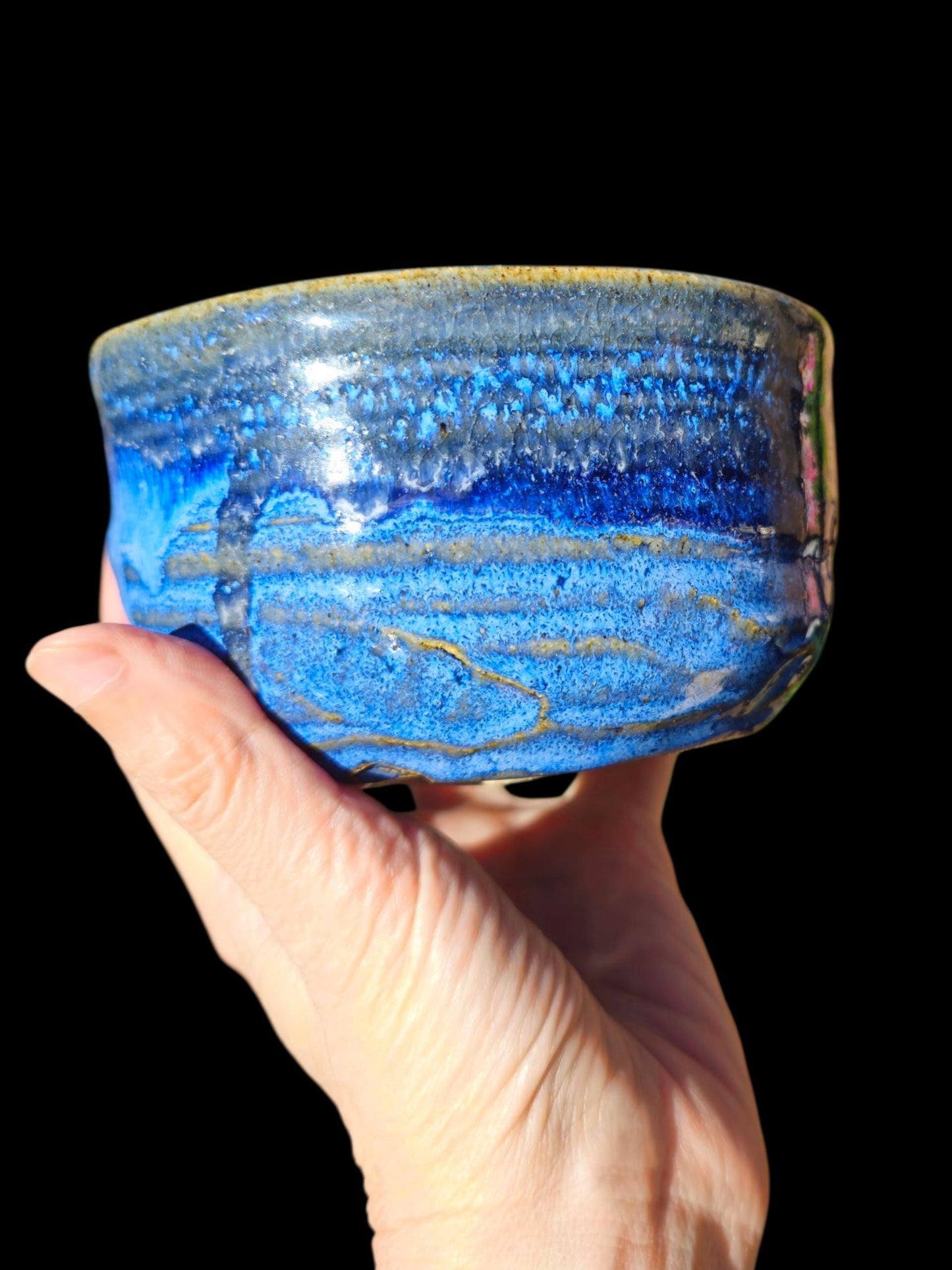 Chawan Tea Bowl – Handmade Ceramic Matcha Bowl – Ocean Wave Blue, Hand Carved Foot 5x3