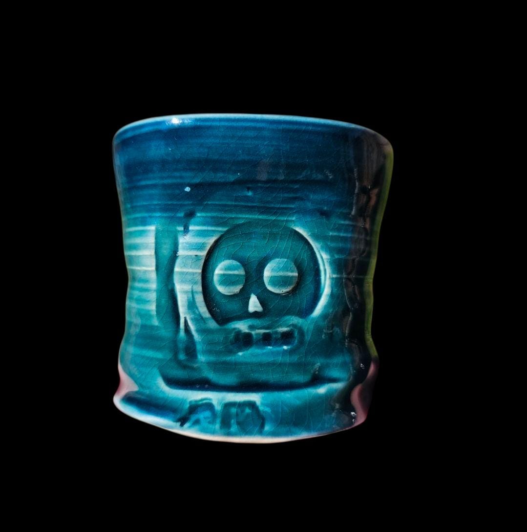 Handmade Skull Blue Aqua Fade porcelain Pottery Mug: Ceramic Coffee Cup 8 oz