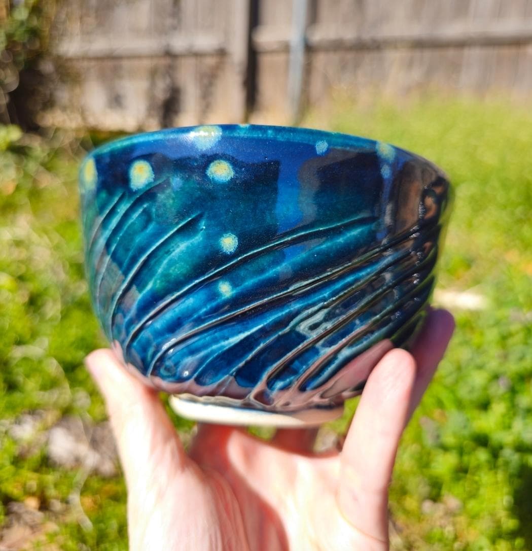Carved Celadon Pottery Bowl: Fireflies Night Sky Glaze, Wheel Thrown Handmade Stoneware Art Gift