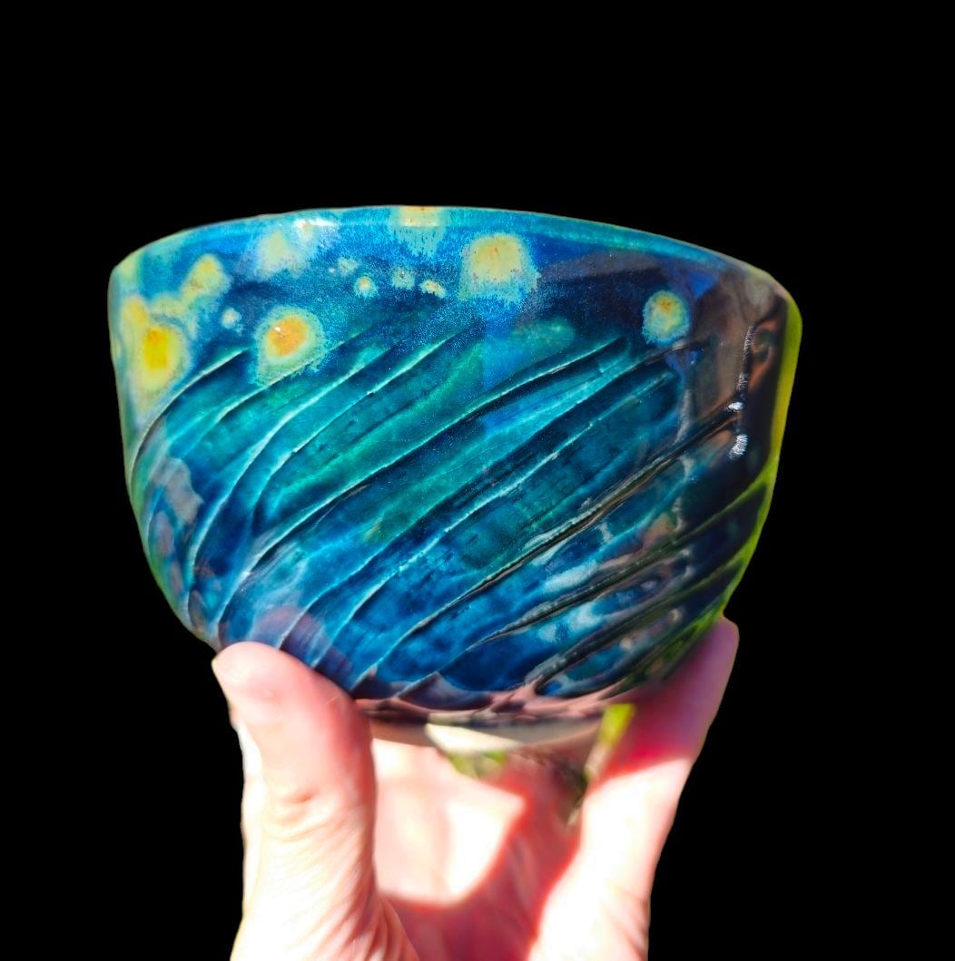 Carved Celadon Pottery Bowl: Fireflies Night Sky Glaze, Wheel Thrown Handmade Stoneware Art Gift