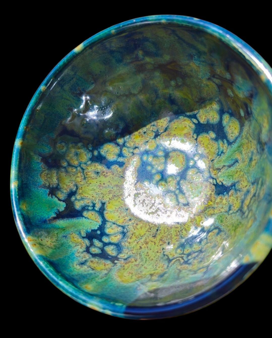 Carved Celadon Pottery Bowl: Fireflies Night Sky Glaze, Wheel Thrown Handmade Stoneware Art Gift