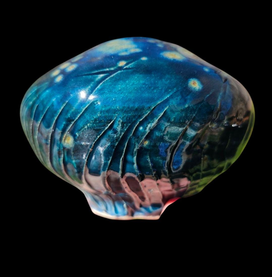 Carved Stoneware Moon Jar Vase: Fireflies Series, Celadon Glaze, Signed Lin Kensington