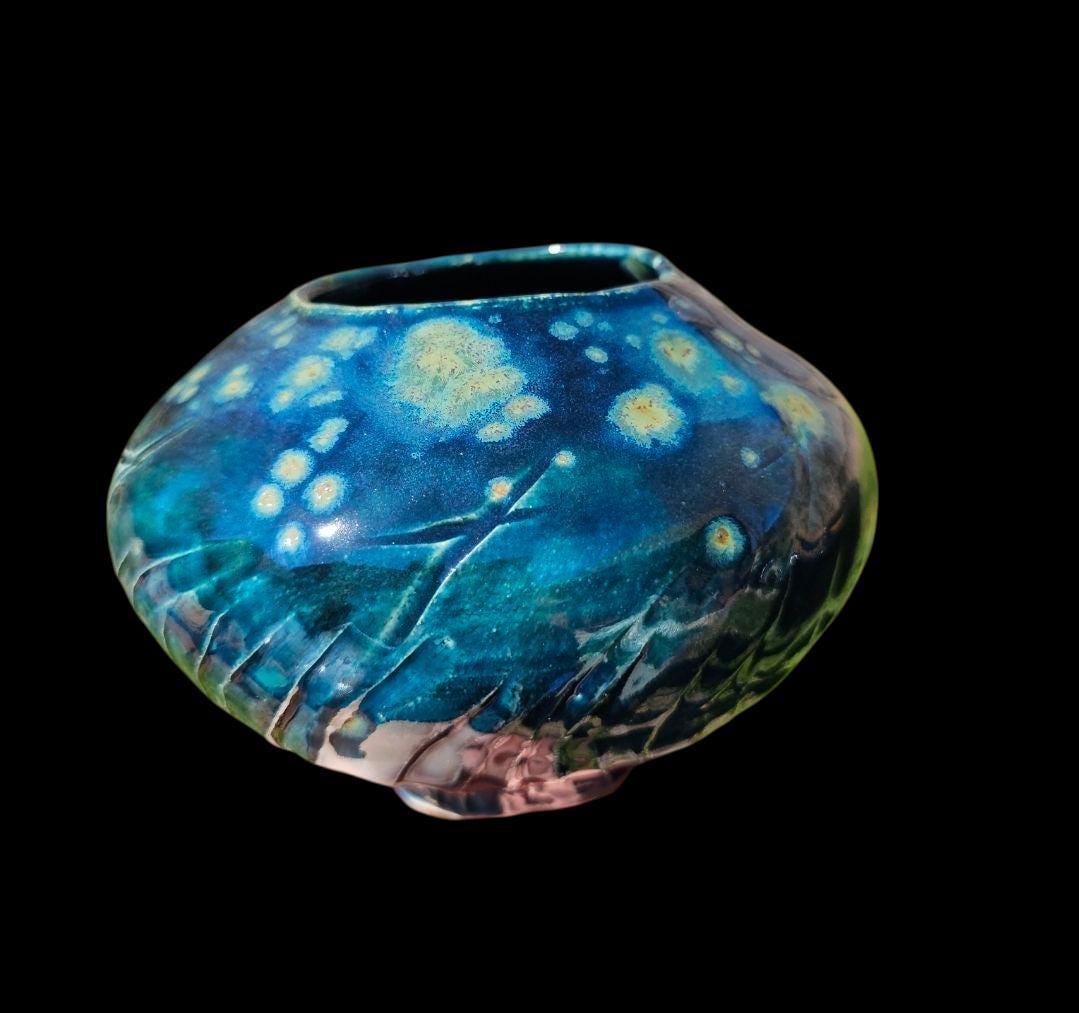 Carved Stoneware Moon Jar Vase: Fireflies Series, Celadon Glaze, Signed Lin Kensington