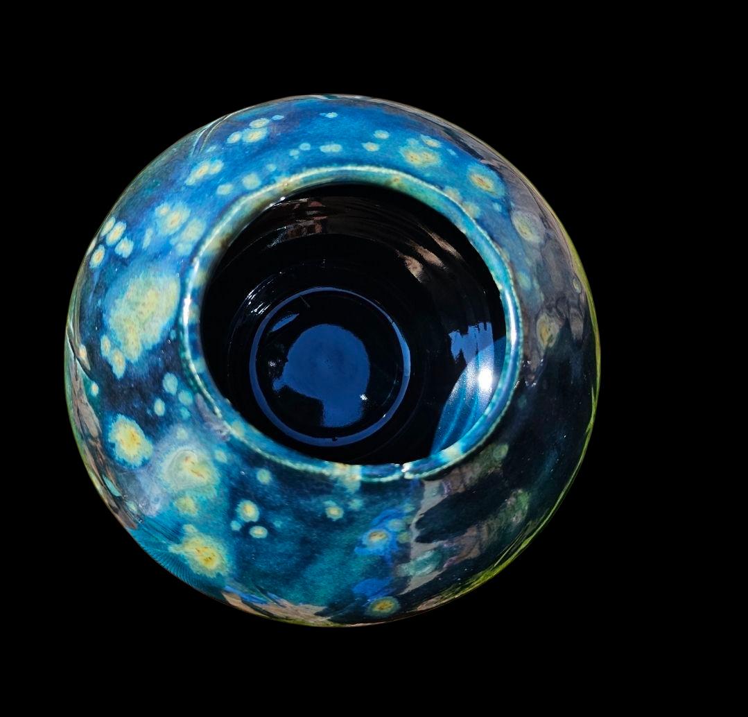 Carved Stoneware Moon Jar Vase: Fireflies Series, Celadon Glaze, Signed Lin Kensington