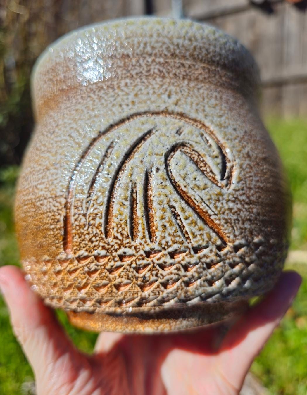 Soda Fired Wave vase Pot Carved Stoneware Ceramic Art 5"