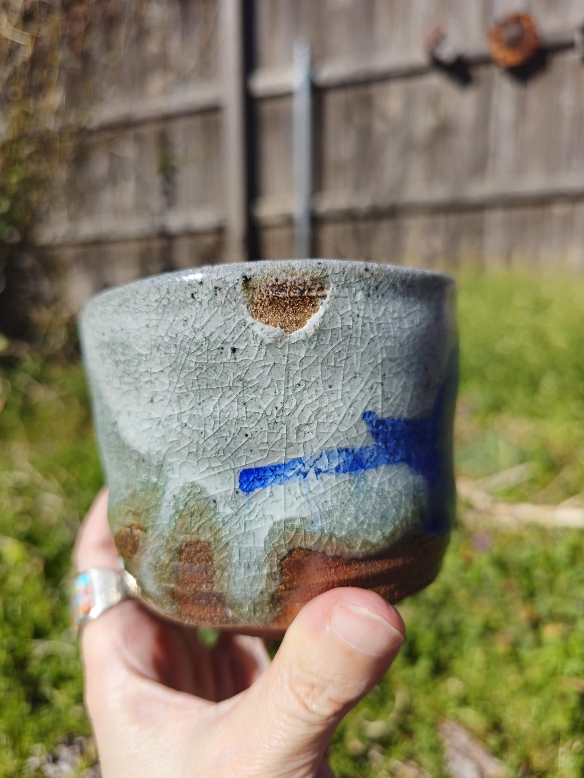 Soda-Fired Shino Chawan: Cobalt Blue Ceramic Tea Bowl, Carved Foot Functional Art