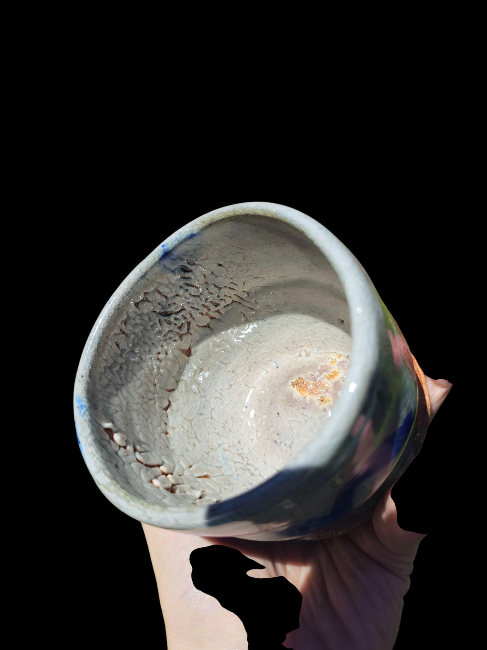 4" Soda-Fired Shino Chawan: Cobalt Blue, Carved Foot, Functional Art